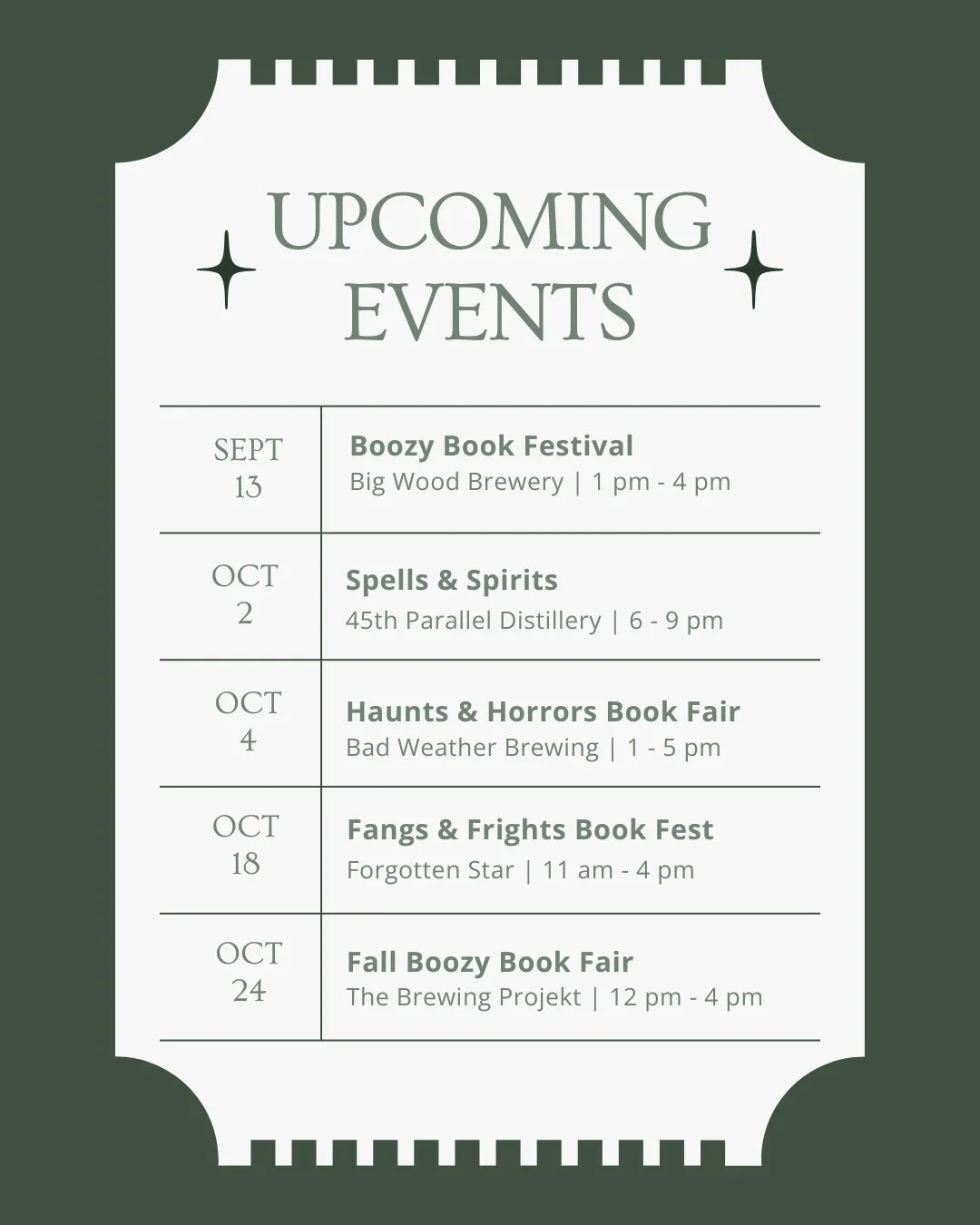 A few more event additions for October added to my schedule!

September 13 - Boozy Book Festival at @bigwoodbrewery in Vadnais Heights by @valleybookseller 

October 2 - Spells &amp; Spirits at @45thparallelspirits in New Richmond from 6 - 9 pm.

Oct