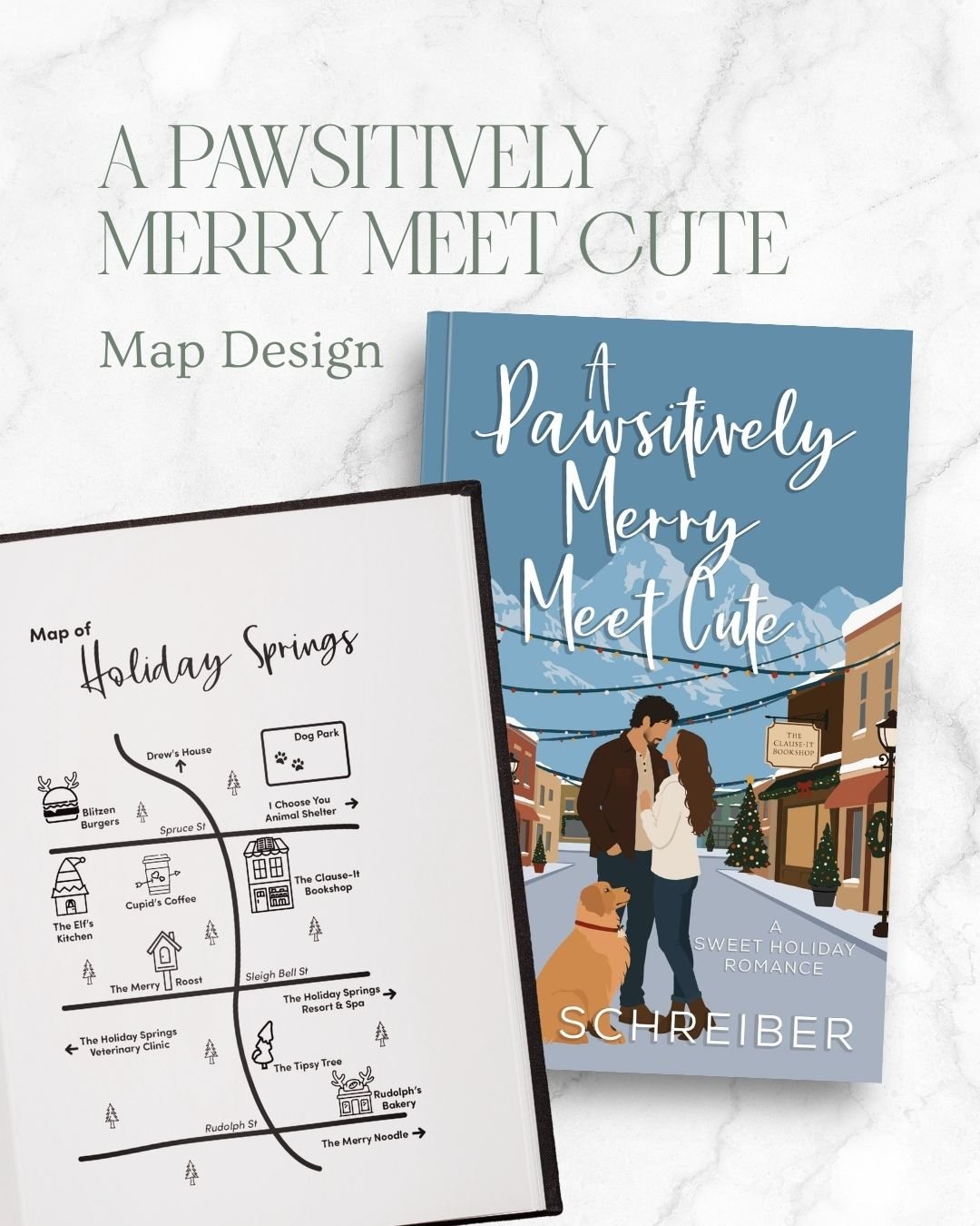 Creating a custom map for @write_read_write_repeat's upcoming romance A Pawsitively Merry Meet Cute was so fun! I got to add some whimsy into the locations with some Christmas themed icons matching with the location names. What is your favorite spot 