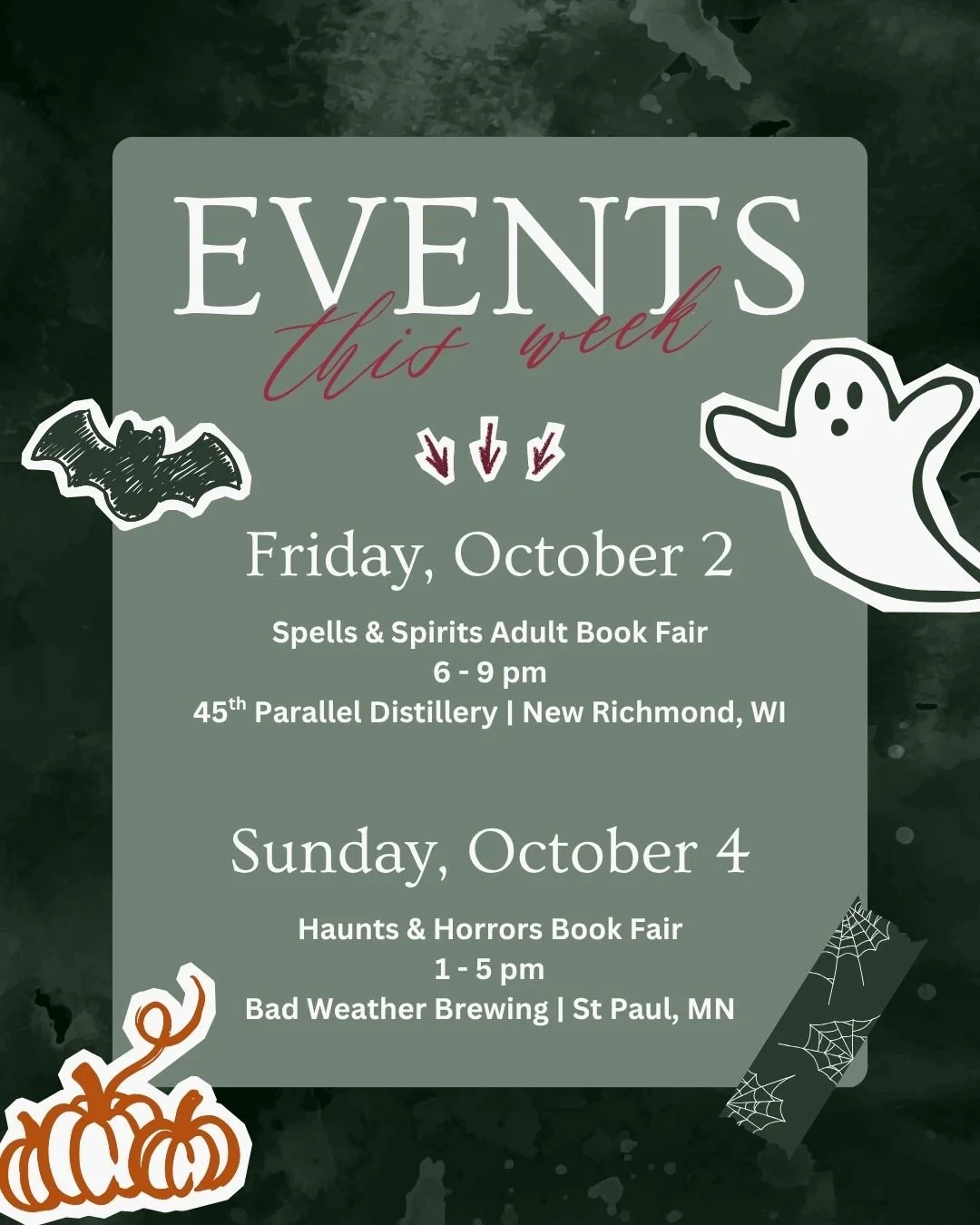 Two events this weekend! 

Come see me (and my mom!) on Friday, October 2nd at @45thparallelspirits. There will be a variety of authors and vendors here from 6-9pm with swag bags for the first 30 attendees! Organized by @mybestfriendsbookshelf24 

Su