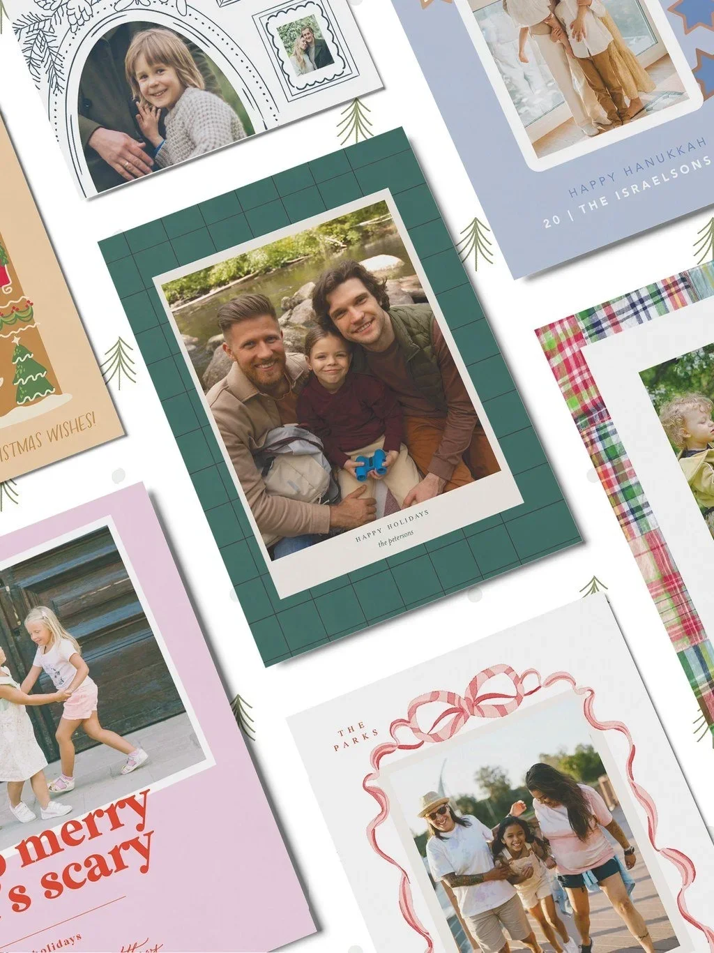 Collection of holiday greeting cards featuring family photos, including a man and woman with children, a girl at the park, and a smiling girl outdoors, decorated with festive patterns and text.