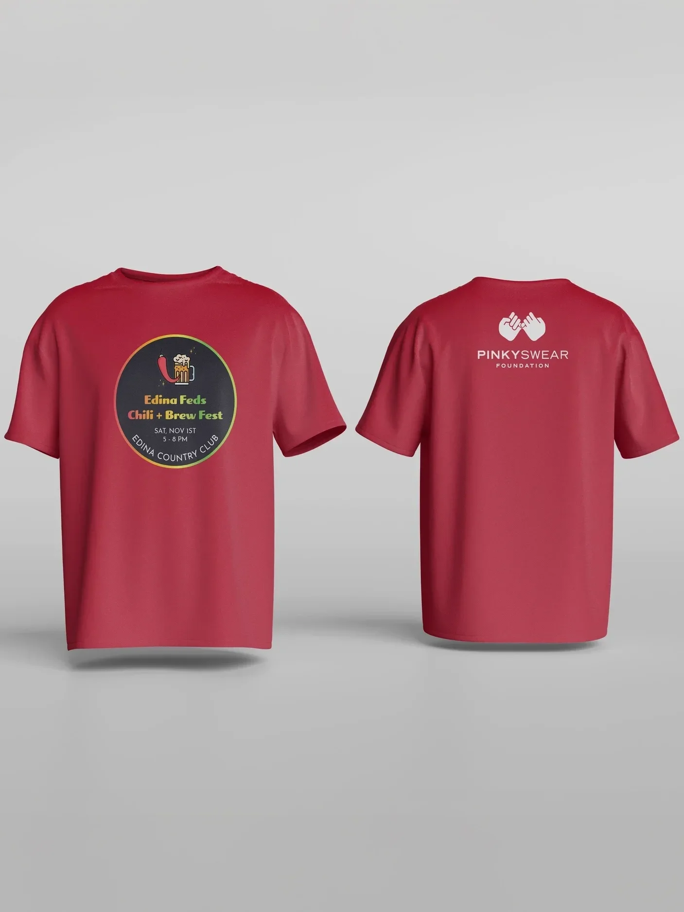 Red T-shirt with logos promoting Edina Feds Chili + Brew Fest and Pinkyswear Foundation