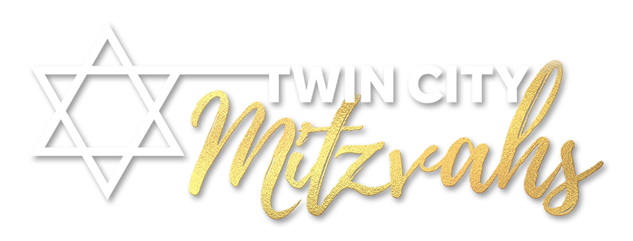 Logo for Twin City Mitzvahs with a Star of David symbol and gold cursive and bold text