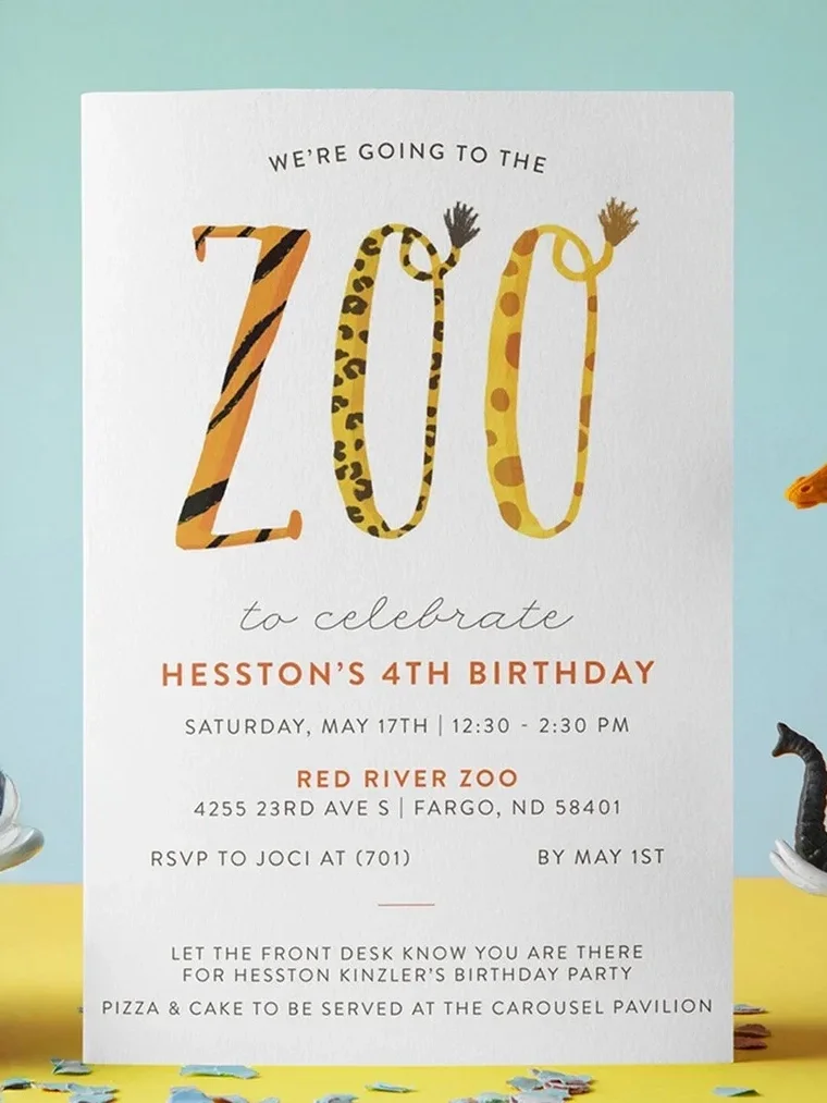 Invitation to Hesston's 4th birthday party at the Red River Zoo, with zoo animal-themed lettering and details about the date, time, location, RSVP, and party instructions.