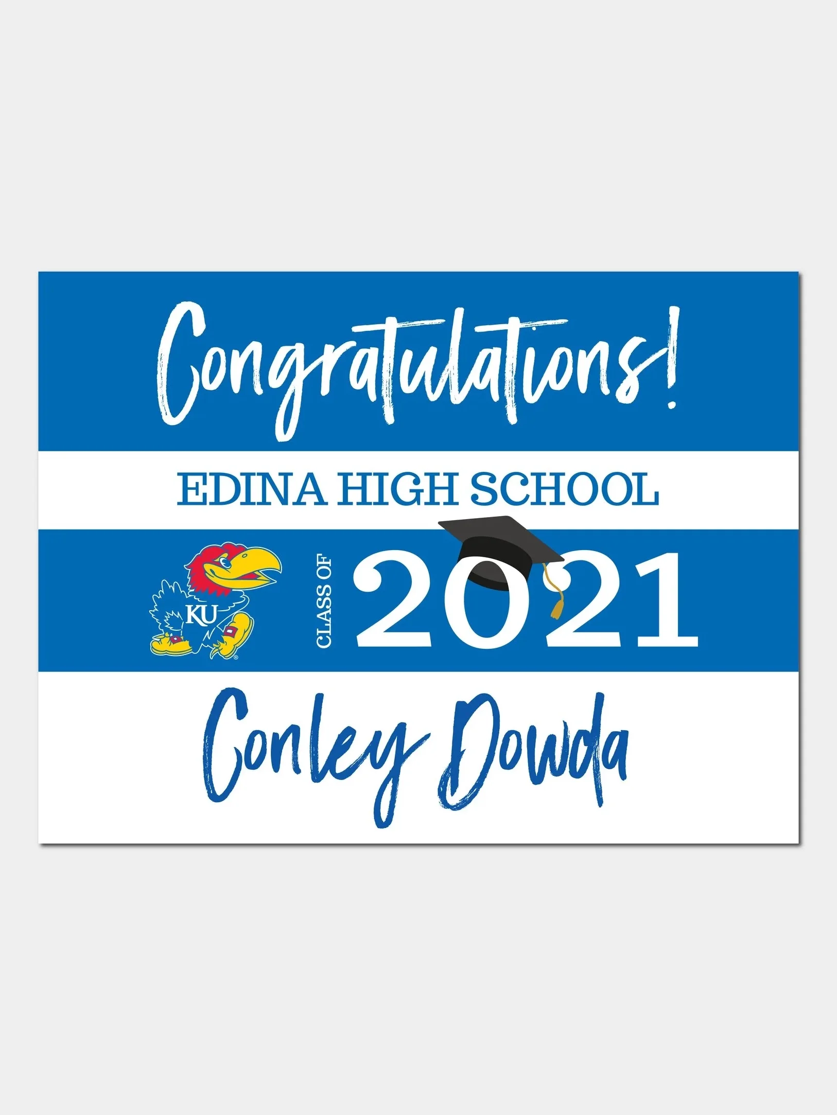 A digital graduation announcement congratulating Conley Dowda, a member of the 2021 graduating class from Edina High School, featuring the school's mascot and a blue and white color scheme.
