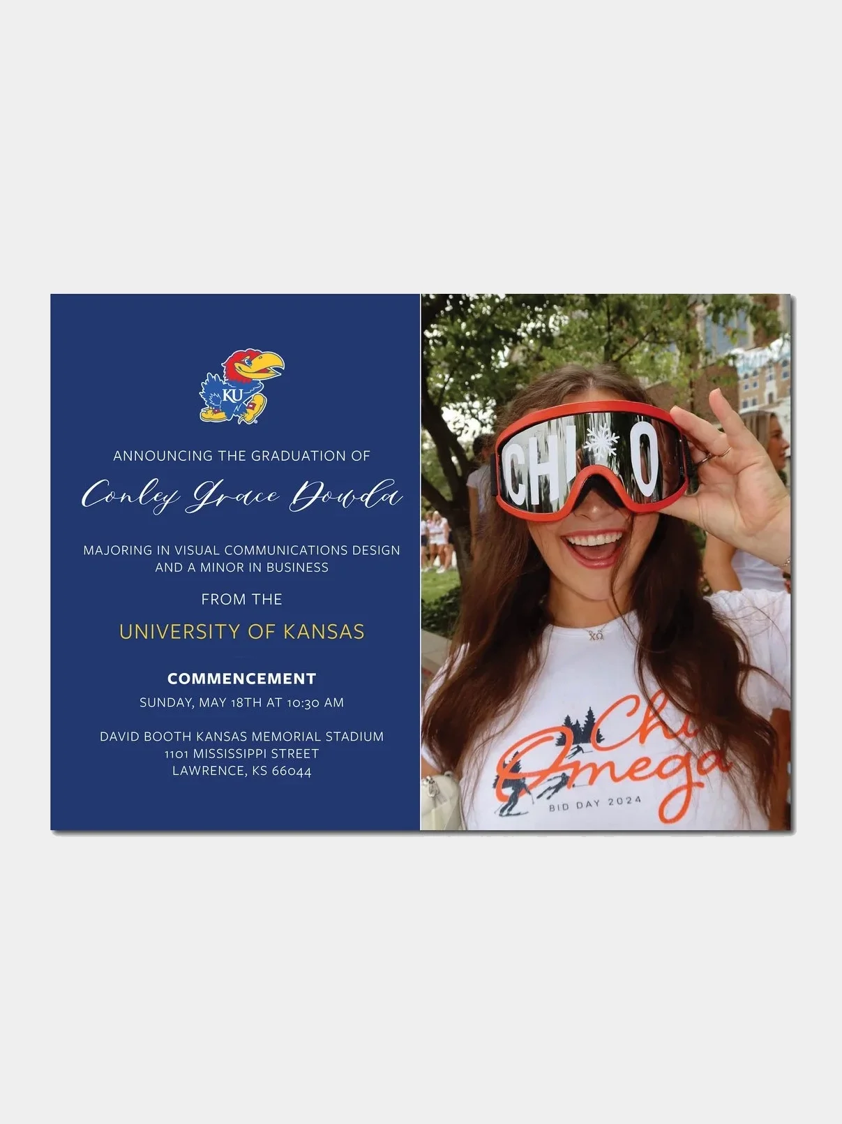 Graduation announcement featuring a young woman with long hair holding ski goggles over her eyes, smiling, outdoors with trees in the background. The left side has a blue background with university logo and event details for Conley Grace Dowda's graduation from the University of Kansas.