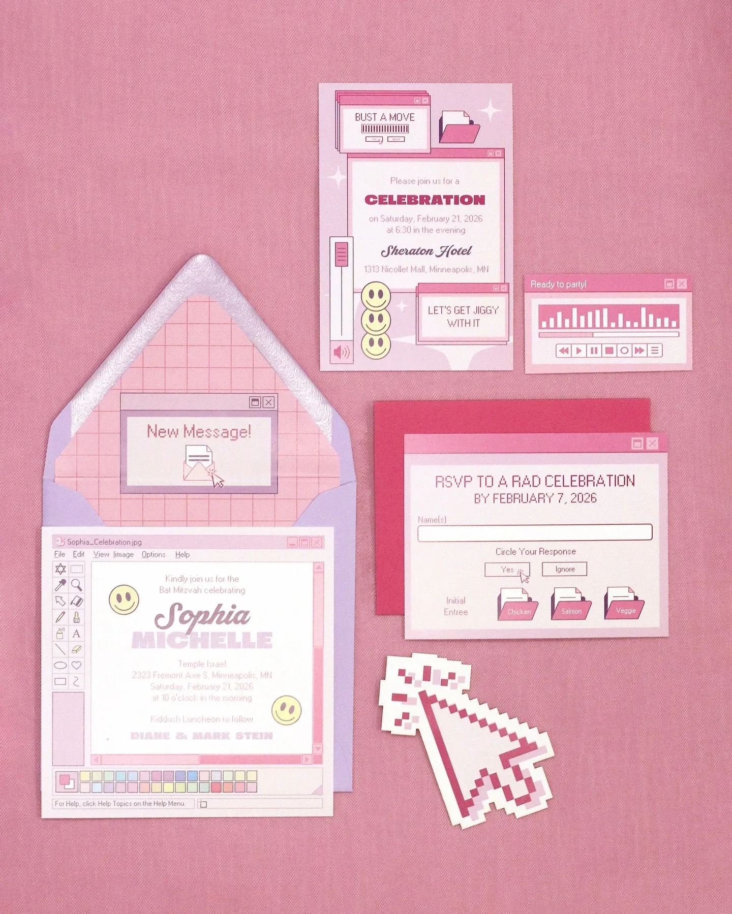 Collection of digital style graphics and flyers for a celebration event, including insert invitations, RSVP cards, animated icons, and decorative pixel art, all in pink and pastel shades.