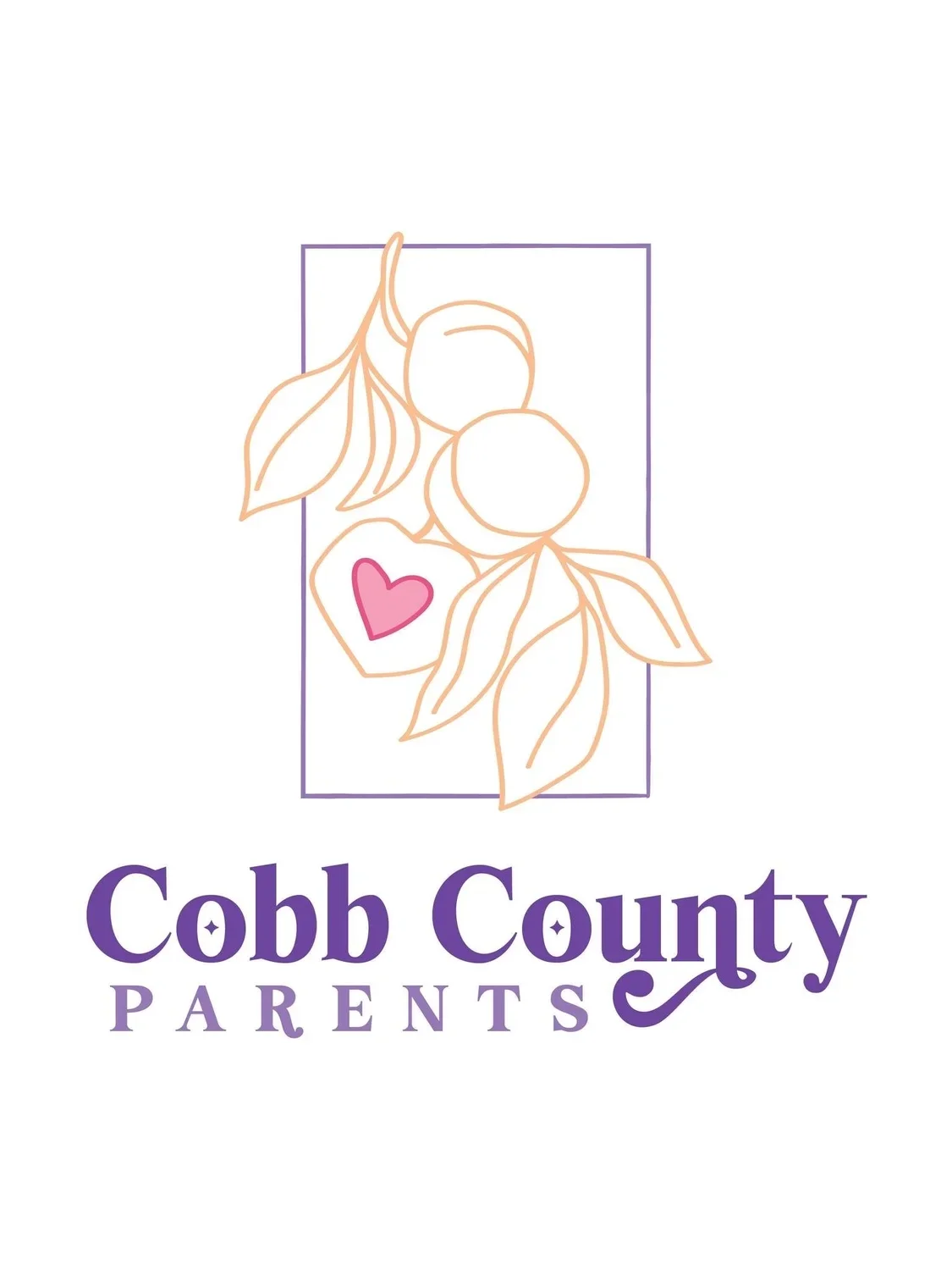 Logo of Cobb County Parents featuring a minimalist illustration of peaches, leaves, a pink heart, and text in purple reading 'Cobb County Parents.'