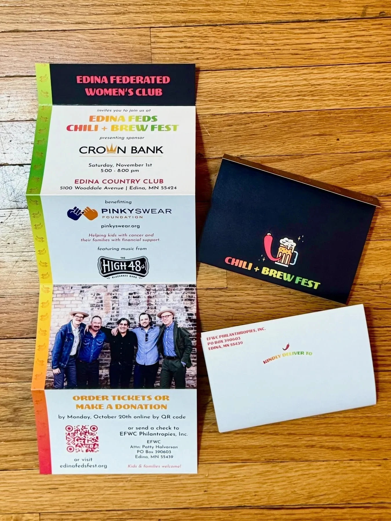 Flyer for Edina Feds Chili + Brew Fest at Edina Country Club, with details about date, time, and sponsor, and an accompanying photo of a group of five people standing together.