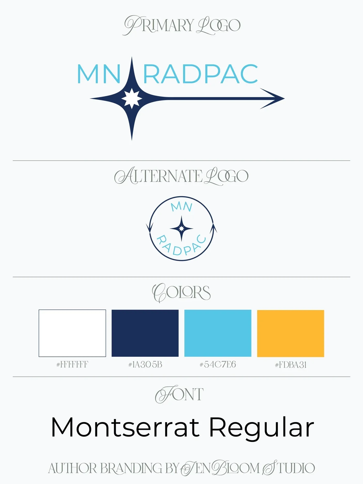A branding guide showing primary and alternative logos, color palette with hex codes, and font information for Montserrat Regular.