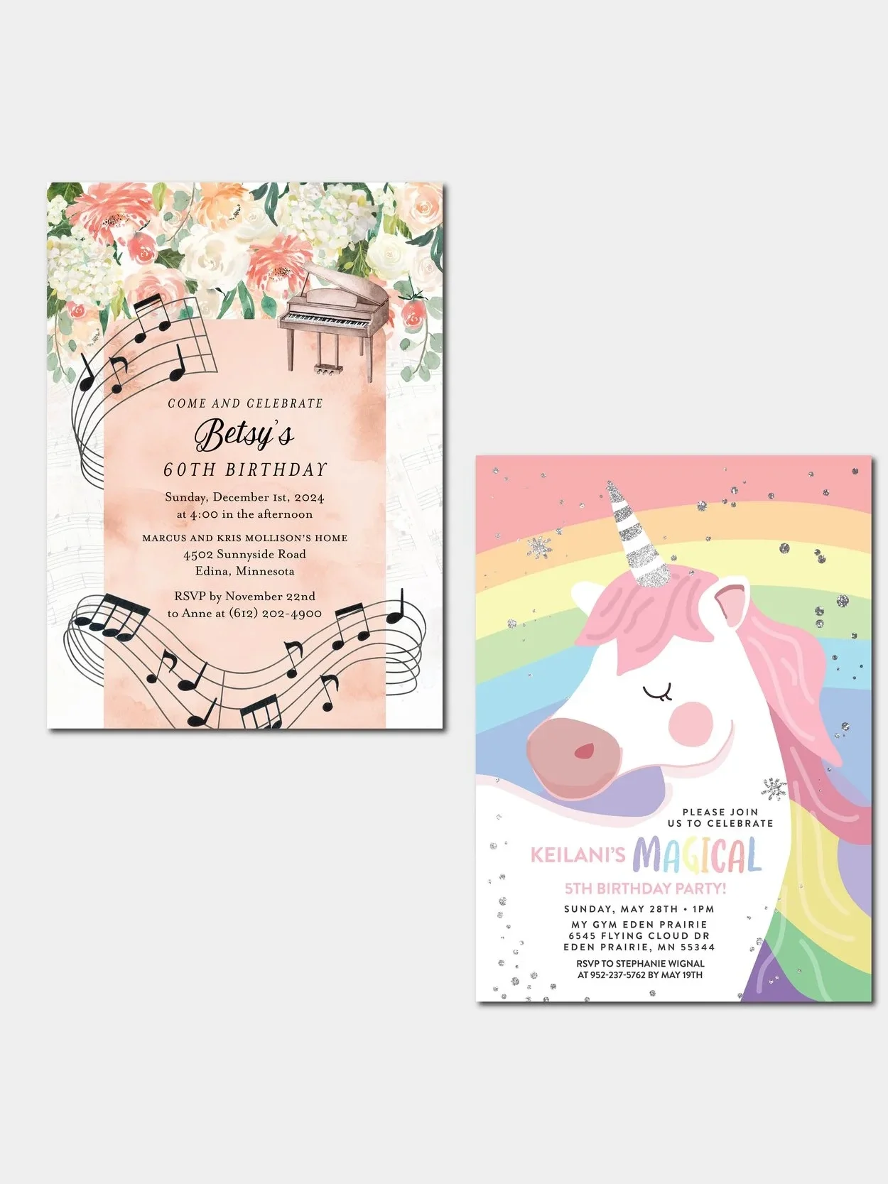 Two invitation cards, one with a floral background, musical notes, and a piano for Betsy's 60th birthday, and another with a rainbow, a unicorn, and pastel colors for Keilani's 5th birthday party.