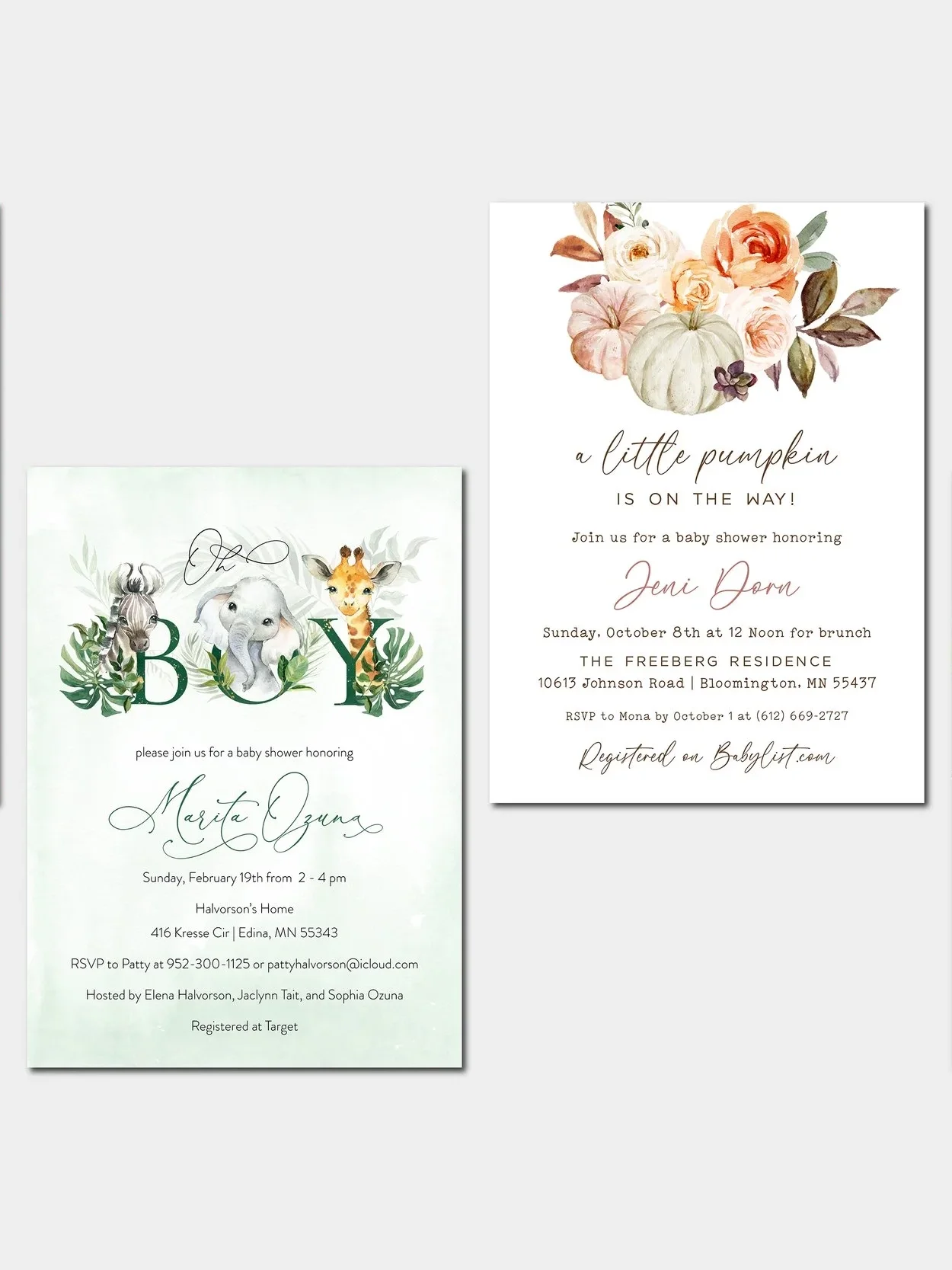 Two virtual invitations for baby showers. The first has a jungle theme with illustrations of a zebra, elephant, and giraffe, and the word "BOY". The second has a floral theme with graphics of flowers and a pumpkin, announcing a baby girl."
