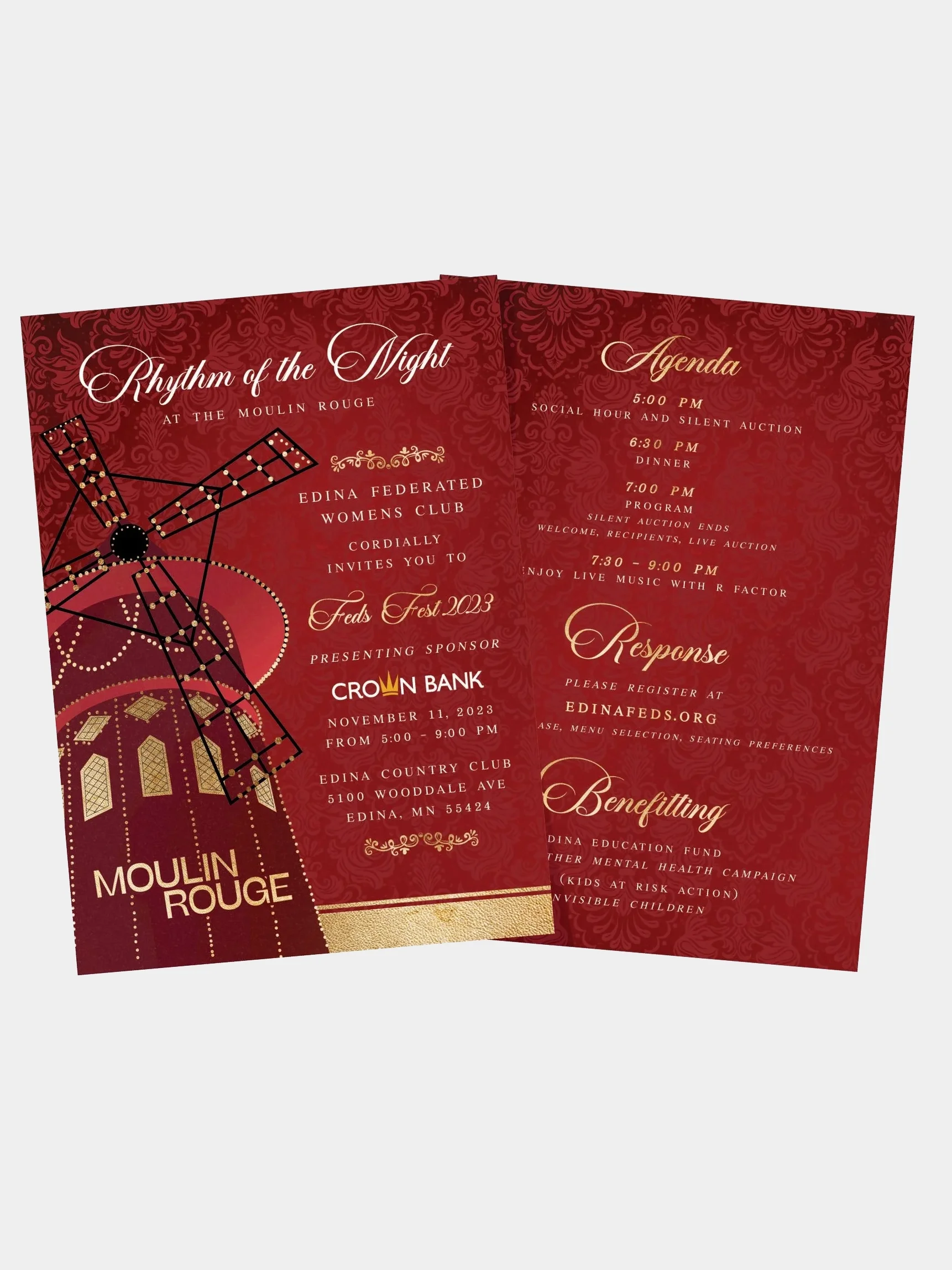Red and gold flyer for 'Rhythm of the Night' event at Moulin Rouge, with a black floral font for the title, event details, and sponsor logo.