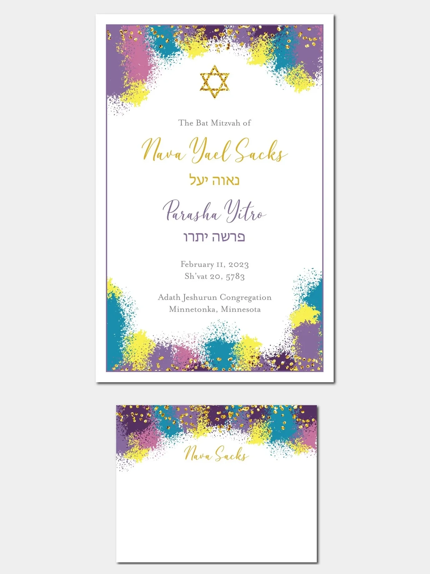 Invitation for a Bat Mitzvah celebration featuring colorful confetti and dots in purple, yellow, teal, and pink, with a gold Star of David at the top and text in gold, purple, and black.