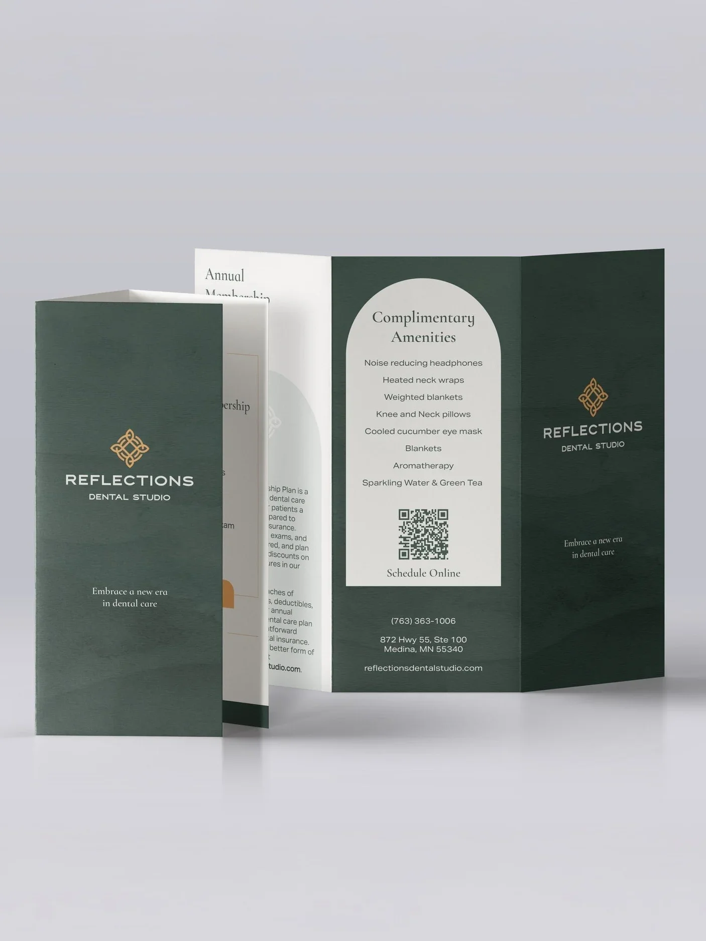 Tri-fold brochure for Reflections Dental Studio with green and white color scheme, featuring the logo, contact information, and list of amenities inside.