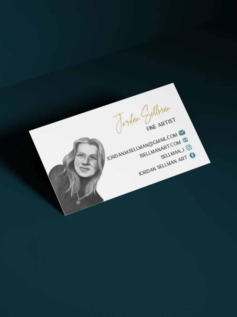 Business card for Jordan Sellman, a fine artist, featuring a black and white portrait of a woman with wavy hair, and contact information including email, website, social media, and Facebook handle.