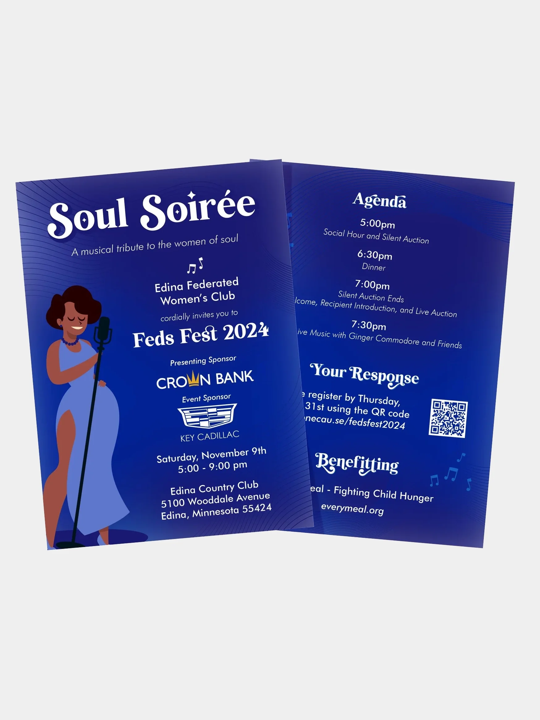 Flyer for 'Soul Soirée', a musical tribute to women of soul, featuring schedule details, sponsors, and a QR code.