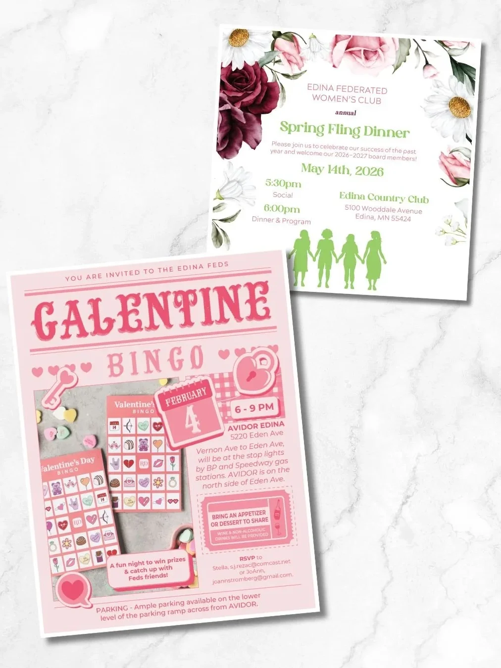 Flyer for a Valentine's Day bingo event with pink and red hearts and icons, including a large calendar date of February 4 and event details at 5220 Eden Ave, with parking instructions. Another flyer promotes a spring fling dinner event for the Edina Women's Club on May 14, 2026, featuring flowers and a silhouette of women holding hands.
