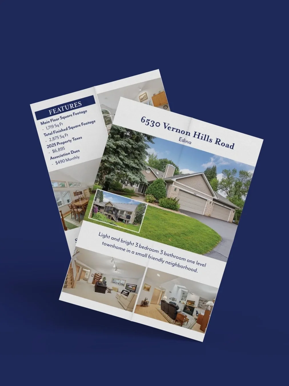 Real estate flyer advertising a property at 6530 Vernon Hills Road with photos of the house's exterior and interior, including living rooms and bedrooms, and listing features and price details.