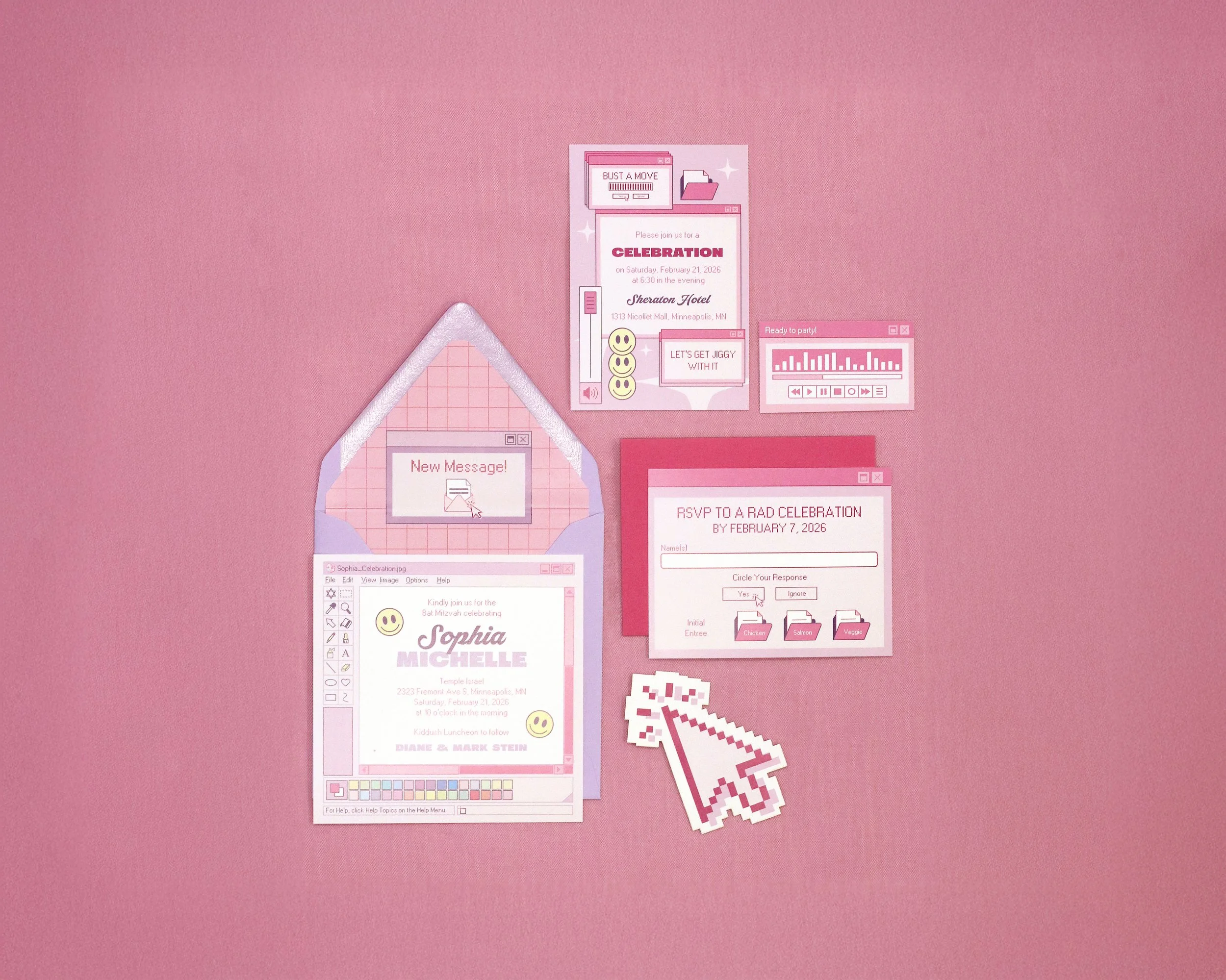 Flat lay of 1990s/Y2K Bat Mitzvah stationery suite of pink-themed invitation and RSVP cards, a pixelated cursor, and multimedia icons on a pink background.