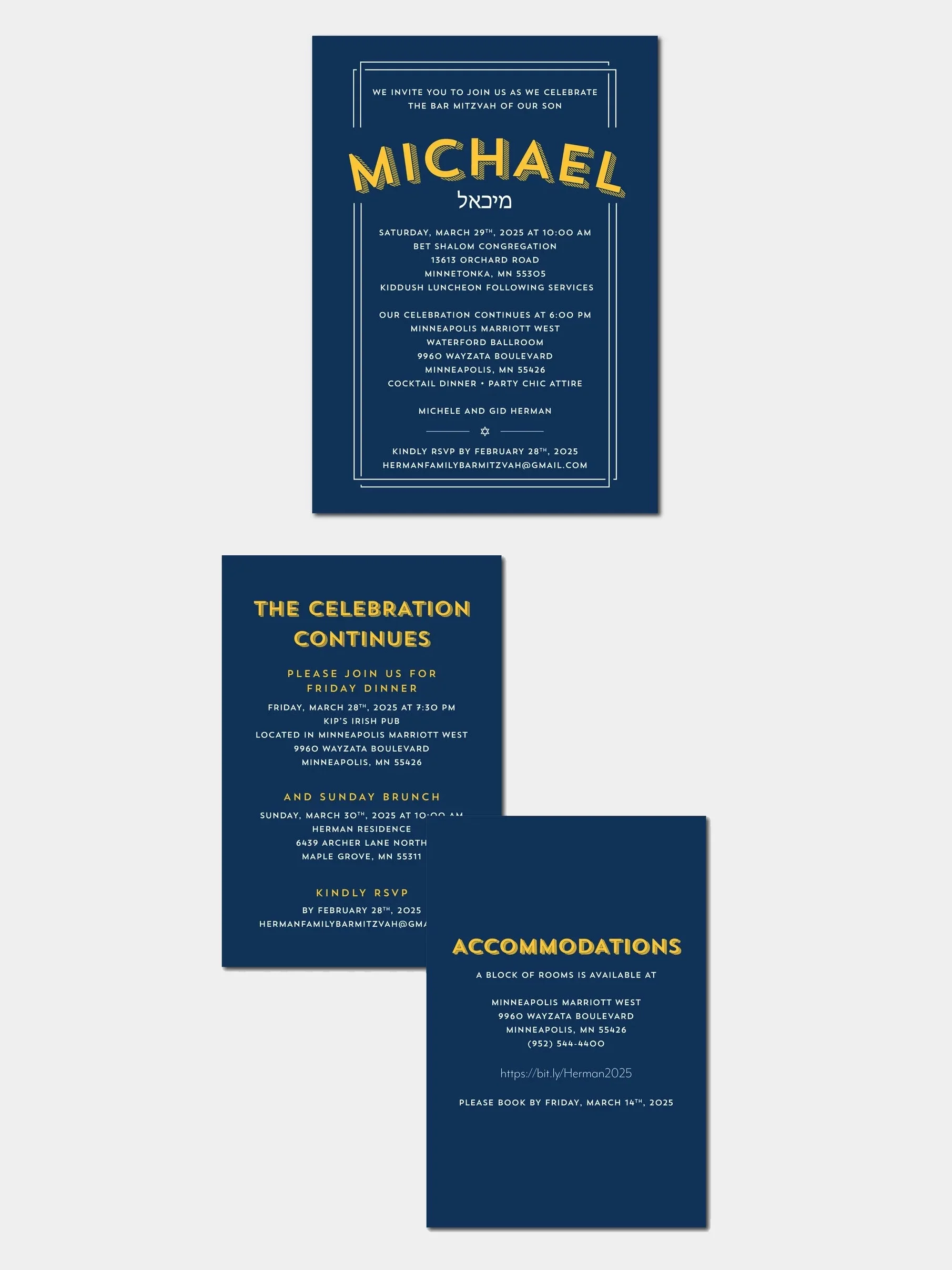 Three vertical navy blue brochures with gold and white text, containing invitations and information about a Jewish celebration, accommodations, and booking details for an event in Minneapolis in 2025.