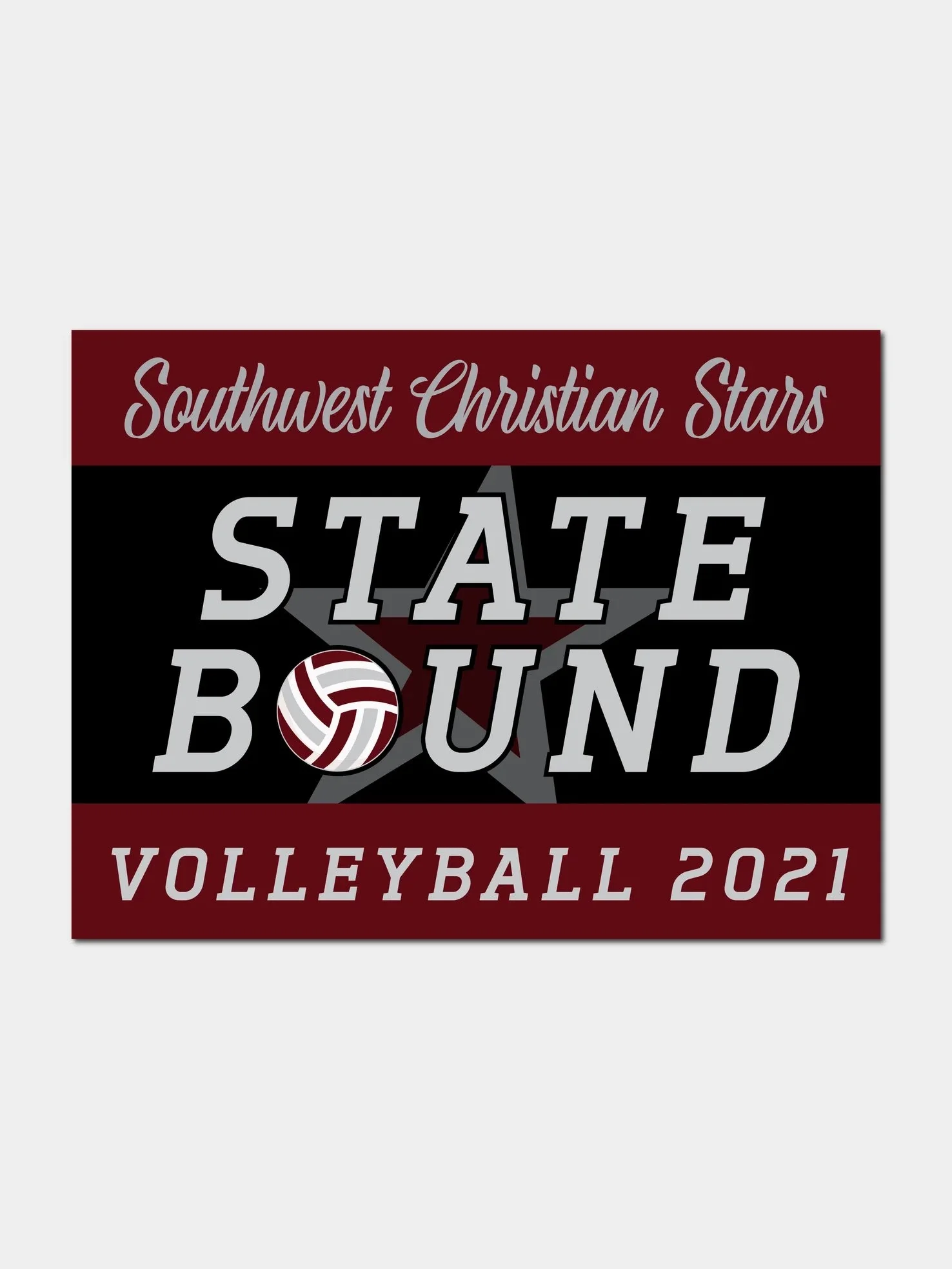 Southwest Christian Stars volleyball 2021 poster with a star and volleyball graphic in the background, red and black color scheme, and white and gray text.