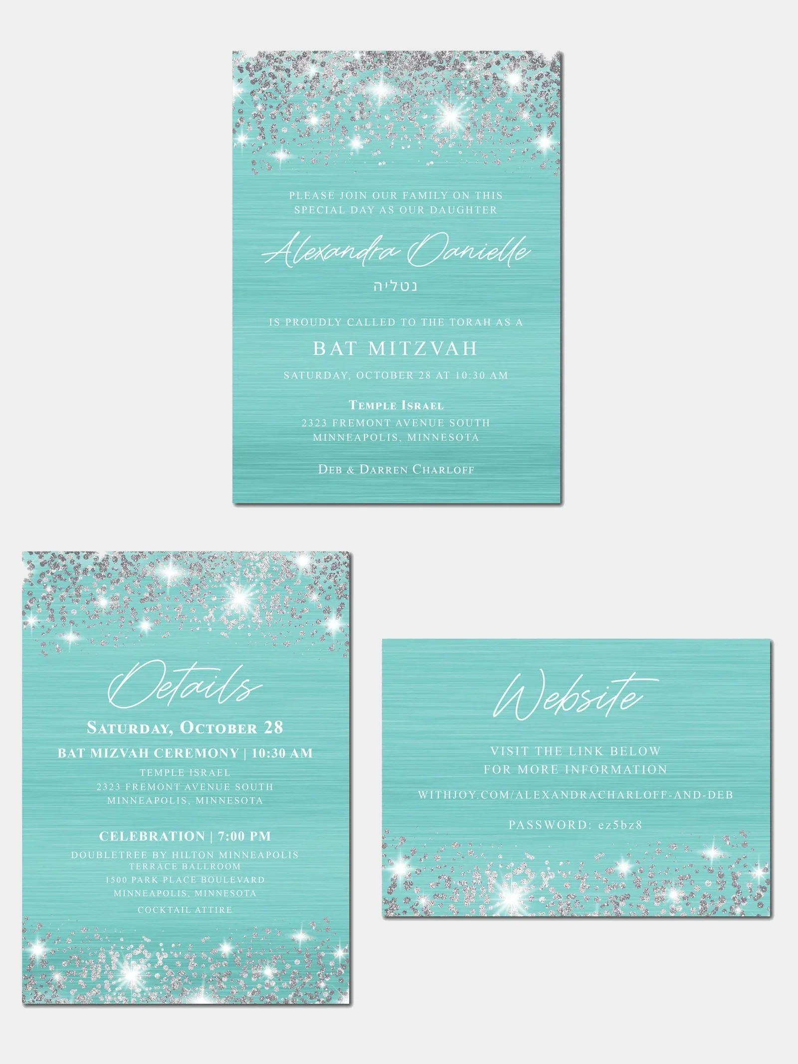 Invitation for a Bat Mitzvah celebration at Temple Israel in Minneapolis, Minnesota on October 28 at 7:00 PM, featuring details about the ceremony and celebration reception