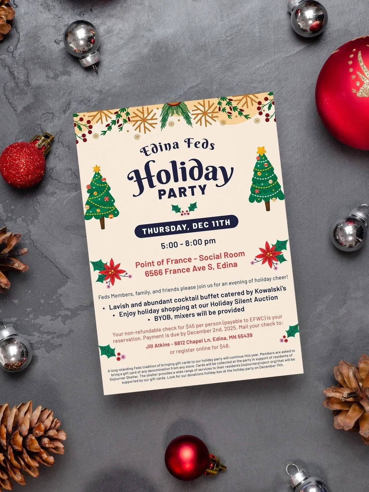 Holiday party invitation flyer decorated with Christmas ornaments and pinecones, featuring text about a holiday party hosted by Edina Feds on December 11th from 5 PM to 8 PM at a social room on France Ave S, Edina.