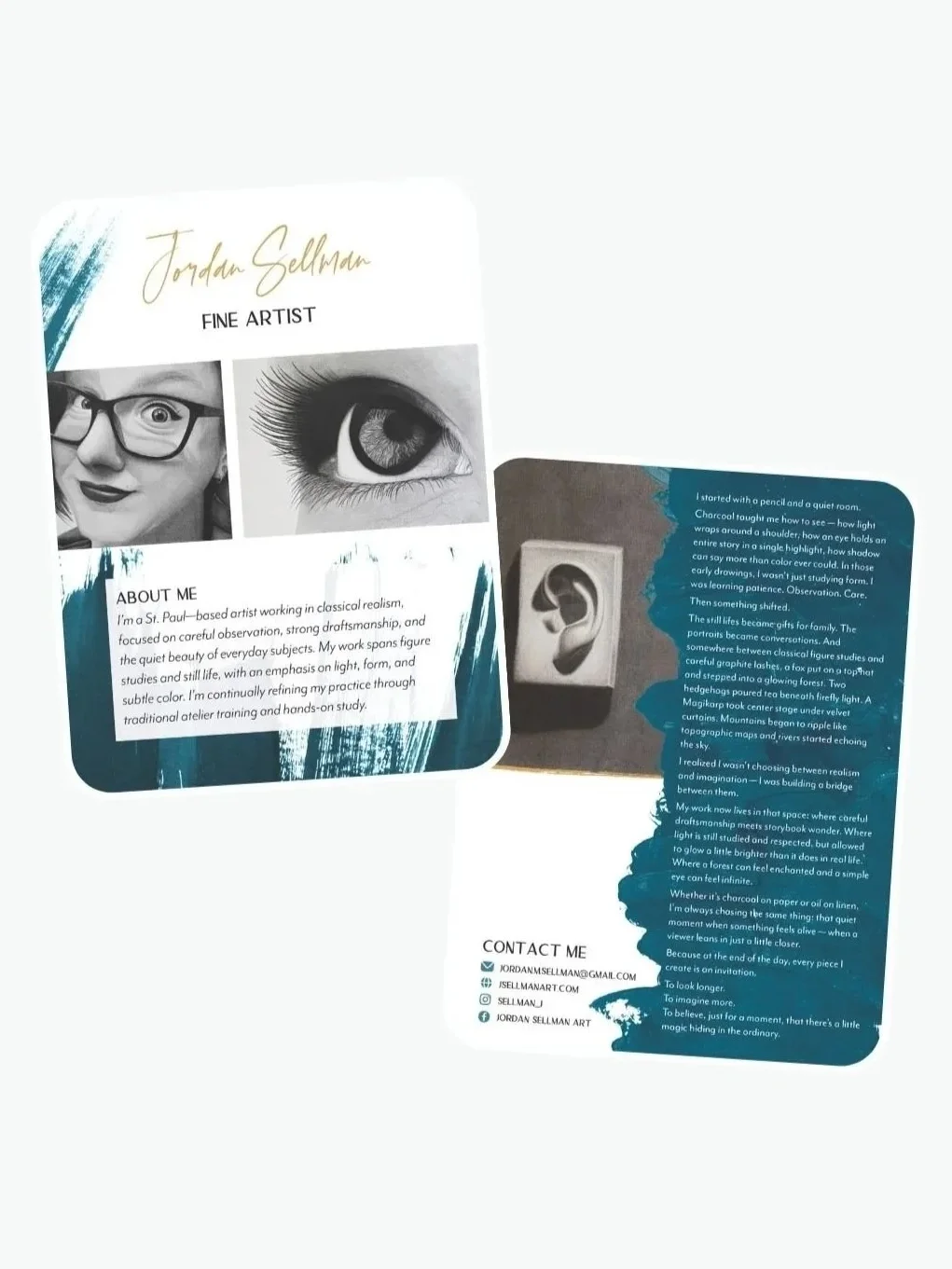 Artist business card and brochure describing the work and philosophy of Jordan Sellman, a fine artist specializing in classical realism, with contact information and images of an eye and a portrait.