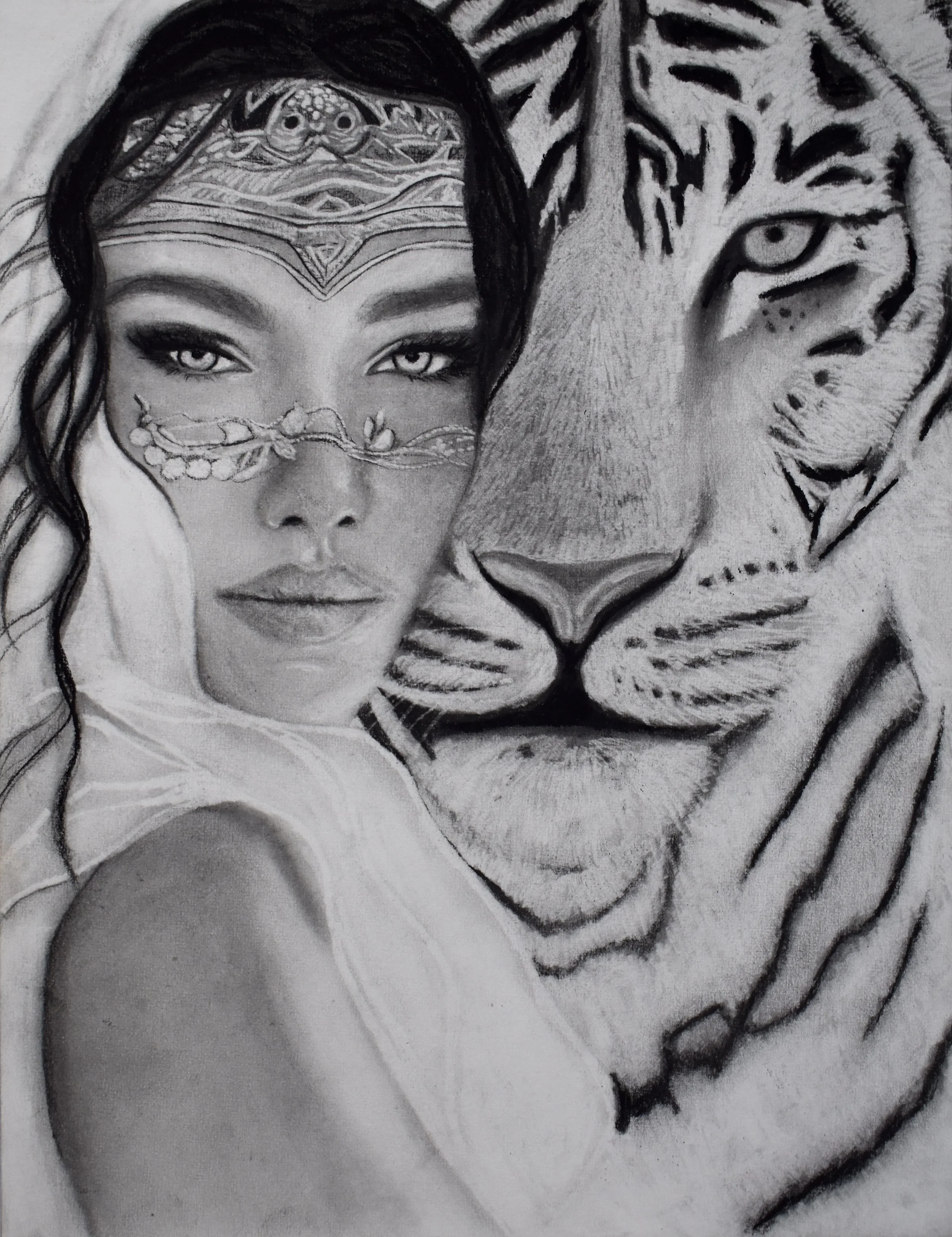 Pencil drawing of a woman with intricate face jewelry next to a white tiger.