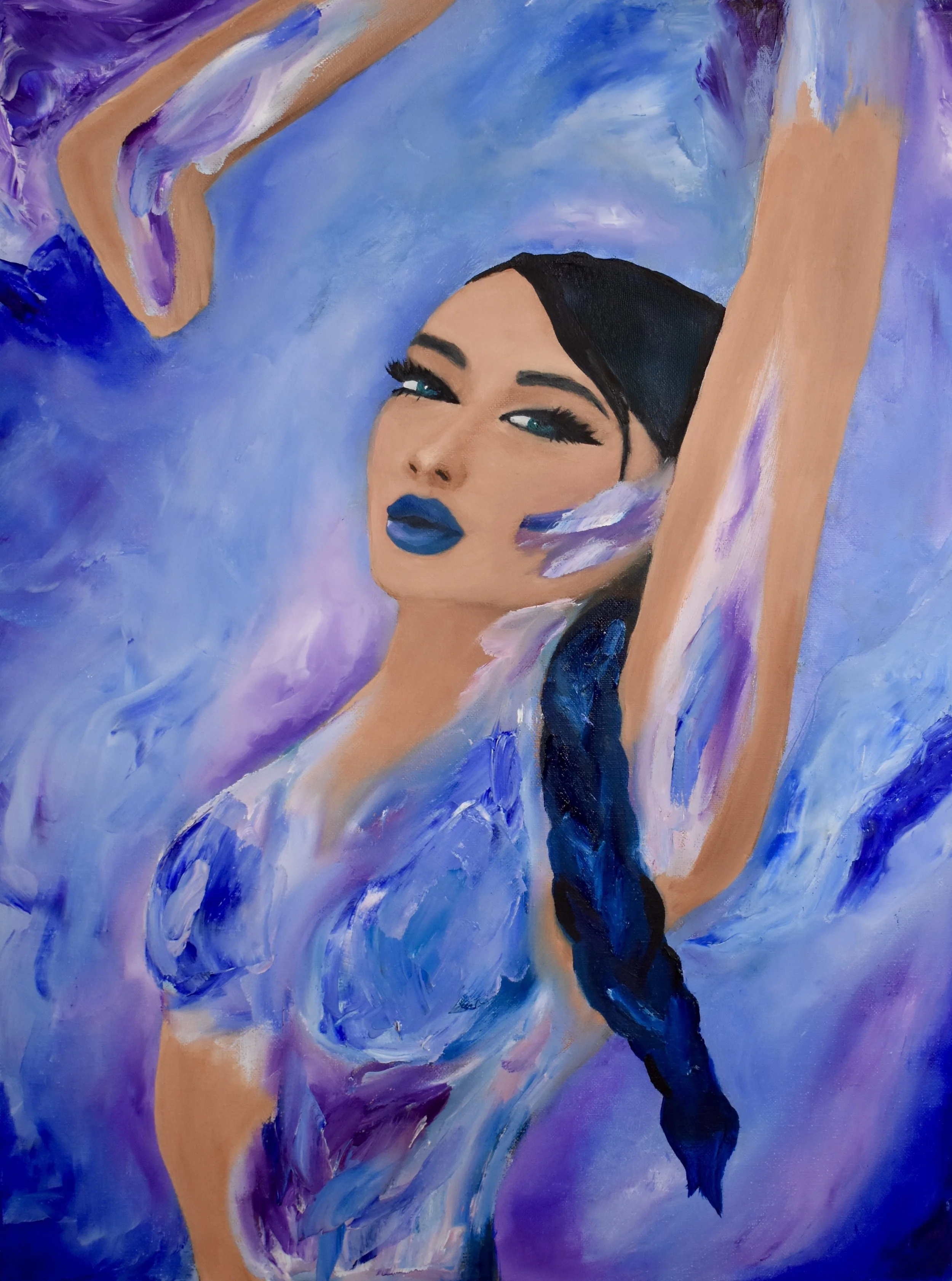 Painting of a woman with a braided hairstyle, wearing blue lipstick and abstract swirls of purple and blue around her, against a soft blue and purple background.