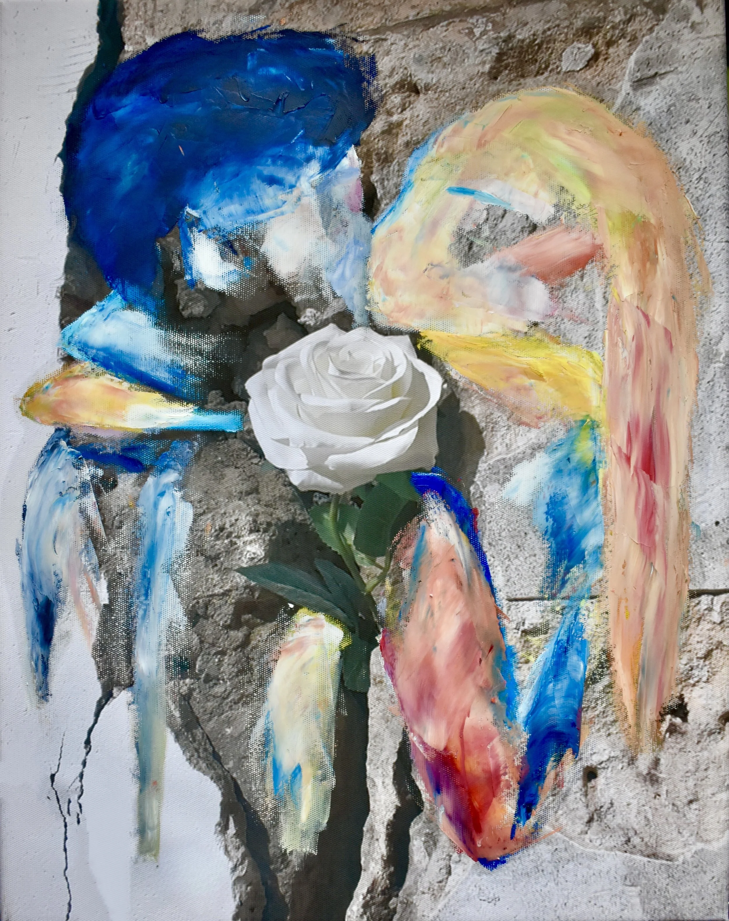Abstract painting of two figures kissing with a white rose