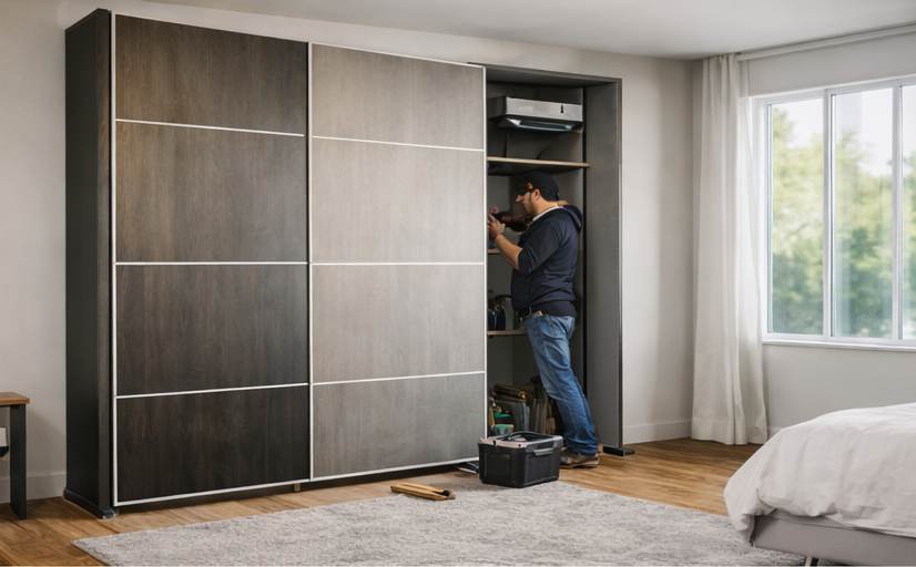 Man organizing tools in a bedroom closet with sliding doors, near a large window with white curtains, and a bed with white bedding.