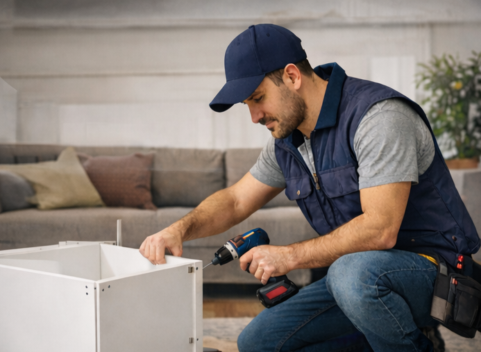Man assembling furniture with a drill in a living room.