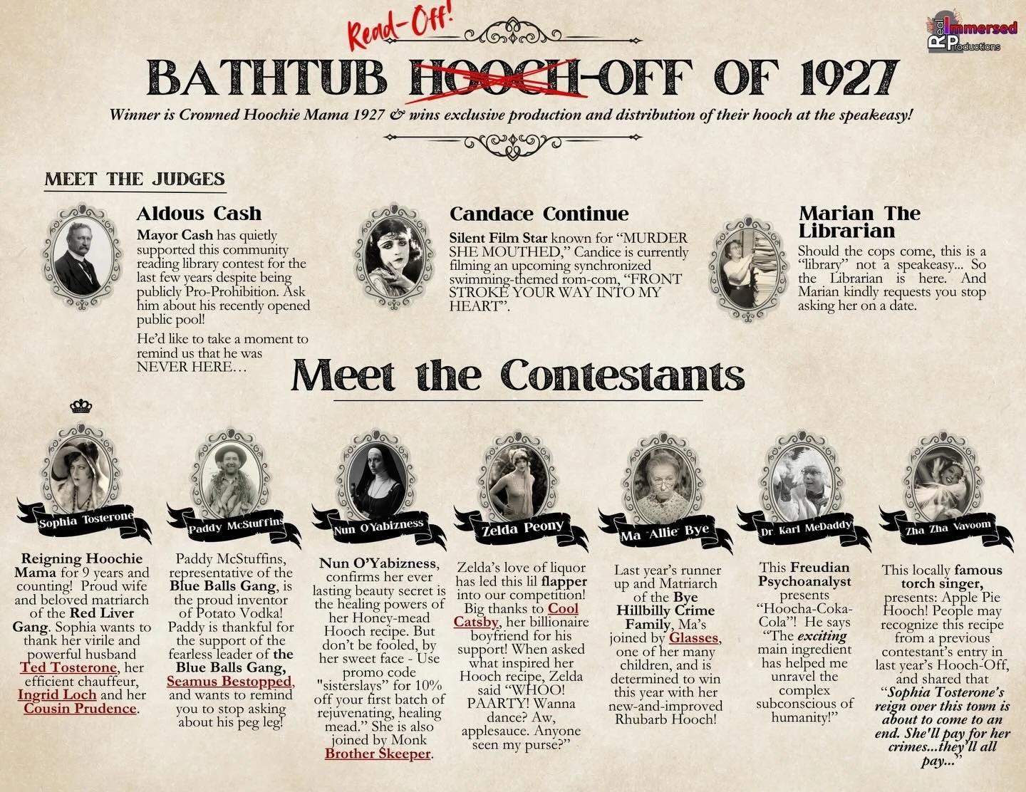Meet your contestants and judges in Bathtub, NJ's annual HOOCH-OFF! Solve with, or even better, play one these characters with us in:
WHO CHOKED HOOCHIE MAMA?
TONIGHT!!!! @qedastoria gone be helluva wingding
Doors open at 6:30pm! 
LAST CHANCE to Use 
