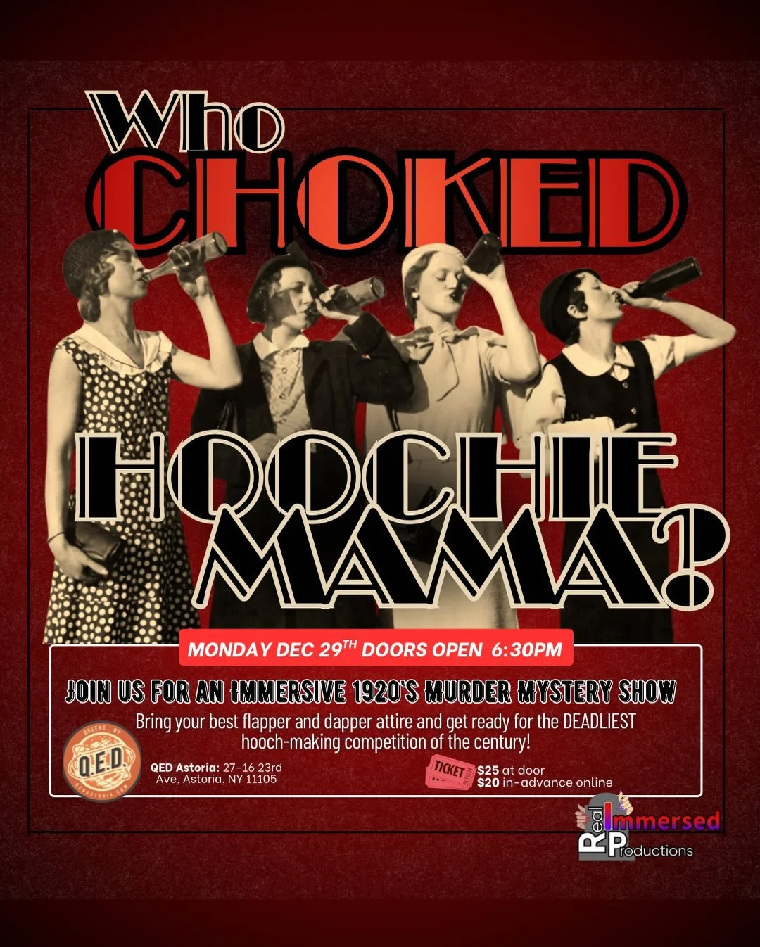 Monday December 29th @qedastoria (6:30pm doors open)
Join us as things get particularly zesty at Bathtub, NJ's 1927 Hooch-Off. 
Sample some hooch, solve the inevitable murders, or even better play one of our many unhinged contestants*
*Criminal hillb