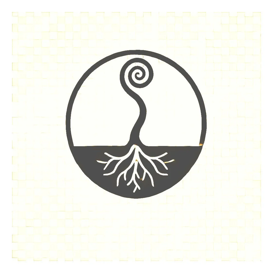 Black and white circular logo featuring a spiral-topped plant with roots.