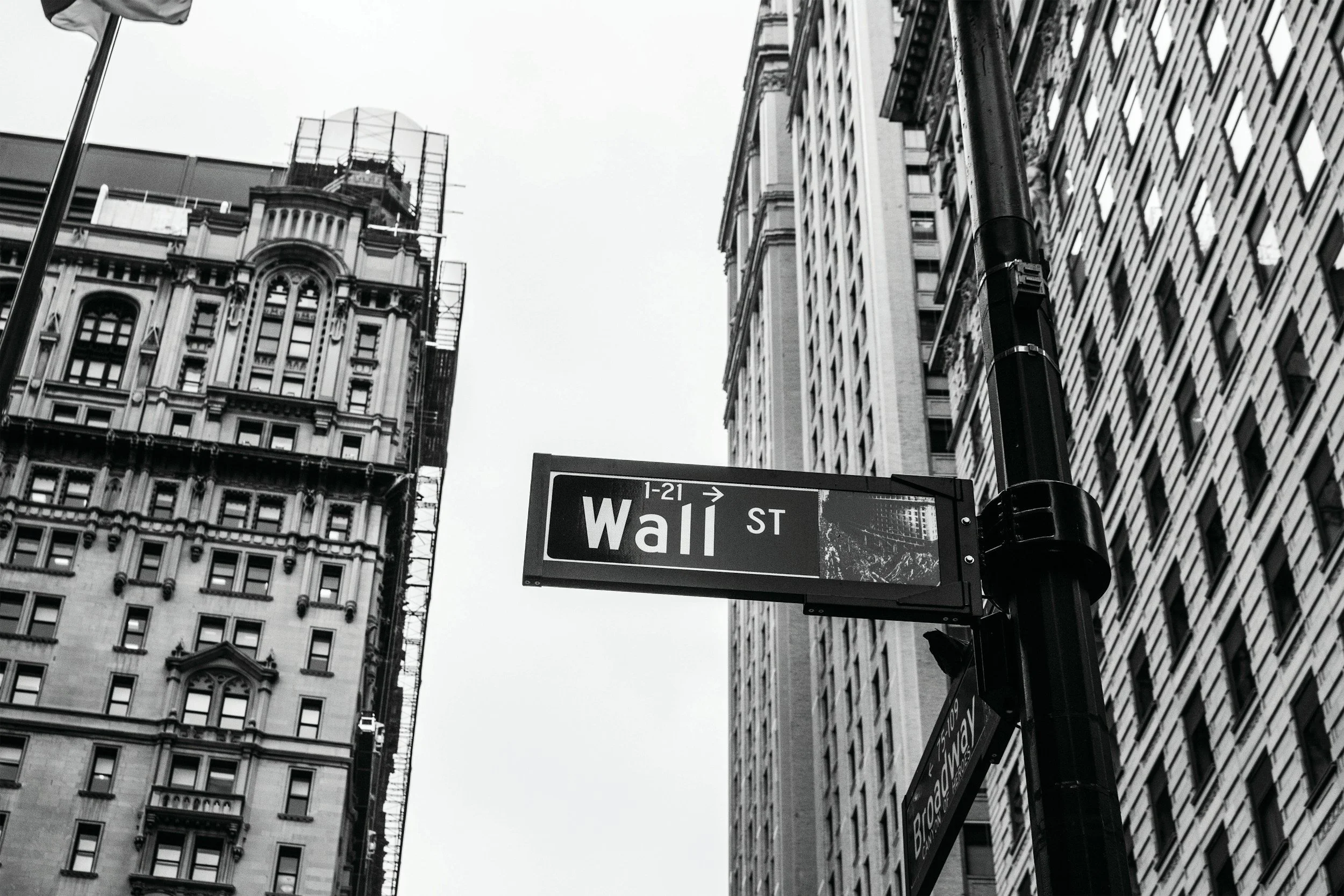 Street sign indicating Wall Street at the intersection with another street, with tall buildings and a lamppost in an urban environment.