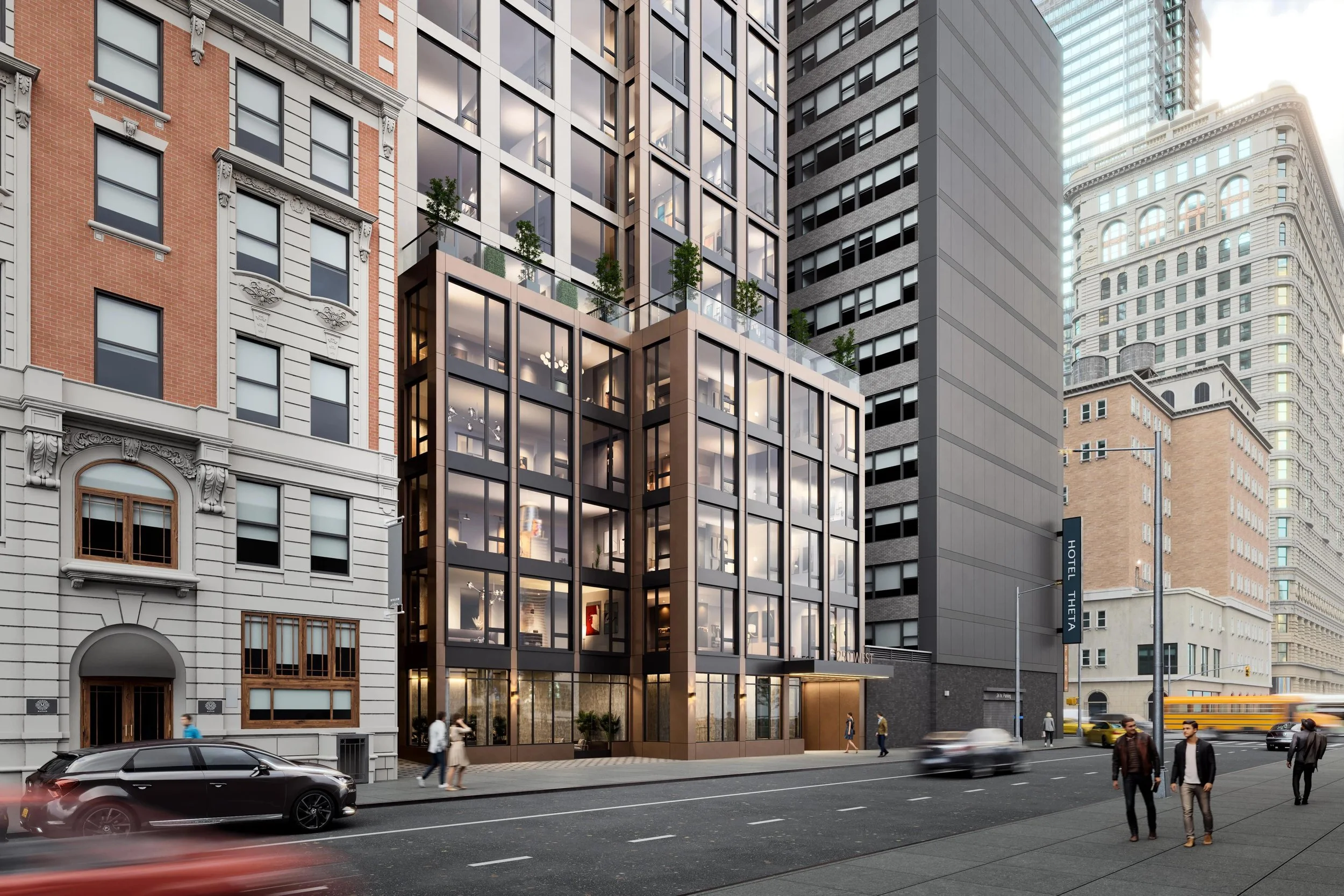Modern glass building with multiple floors and greenery on balconies, situated between historic and contemporary high-rise buildings in a city street, with pedestrians and moving cars.