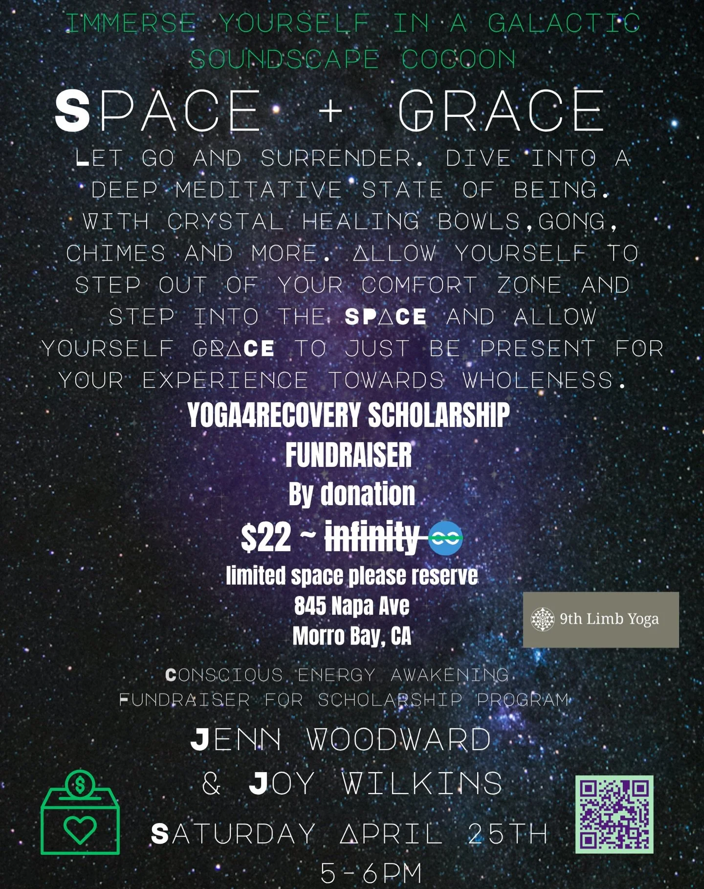 SPACE + GRACE is an offering it&rsquo;s LAST in person oppor-Tunity before we start our 2nd series created to support your journey toward compassion, healing and heartfelt connect as you receive.

YOGA4RECOVERY SCHOLARSHIP
FUNDRAISER is a by donation