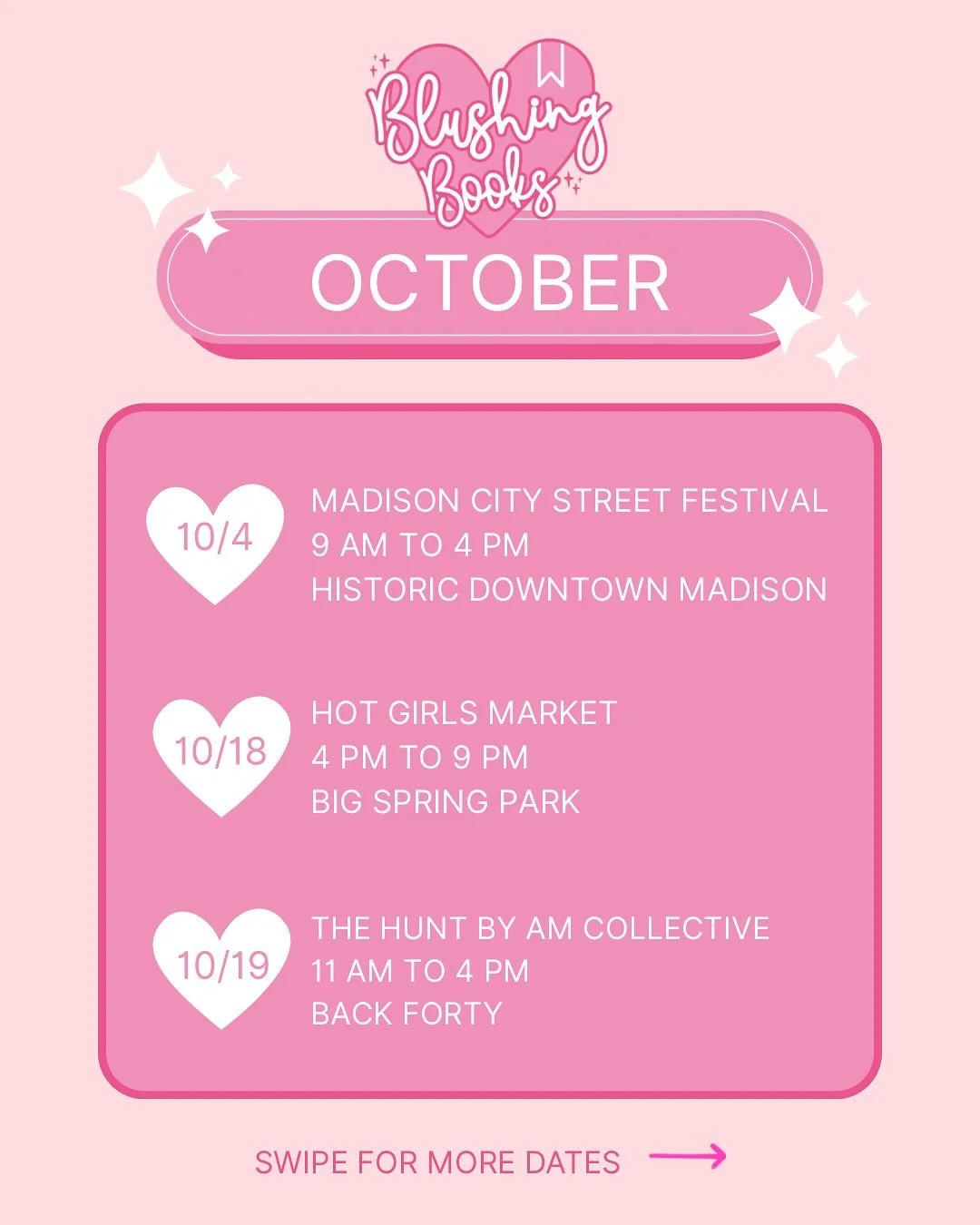 🍂 October is packed with fun events, and Blushing Books is popping up all over town! ✨ Come shop romance reads, grab some goodies, and hang out with us:

💕 Madison City Street Festival
🗓 10/4 | ⏰ 9 AM &ndash; 4 PM
Historic Downtown Madison

💕 Hot