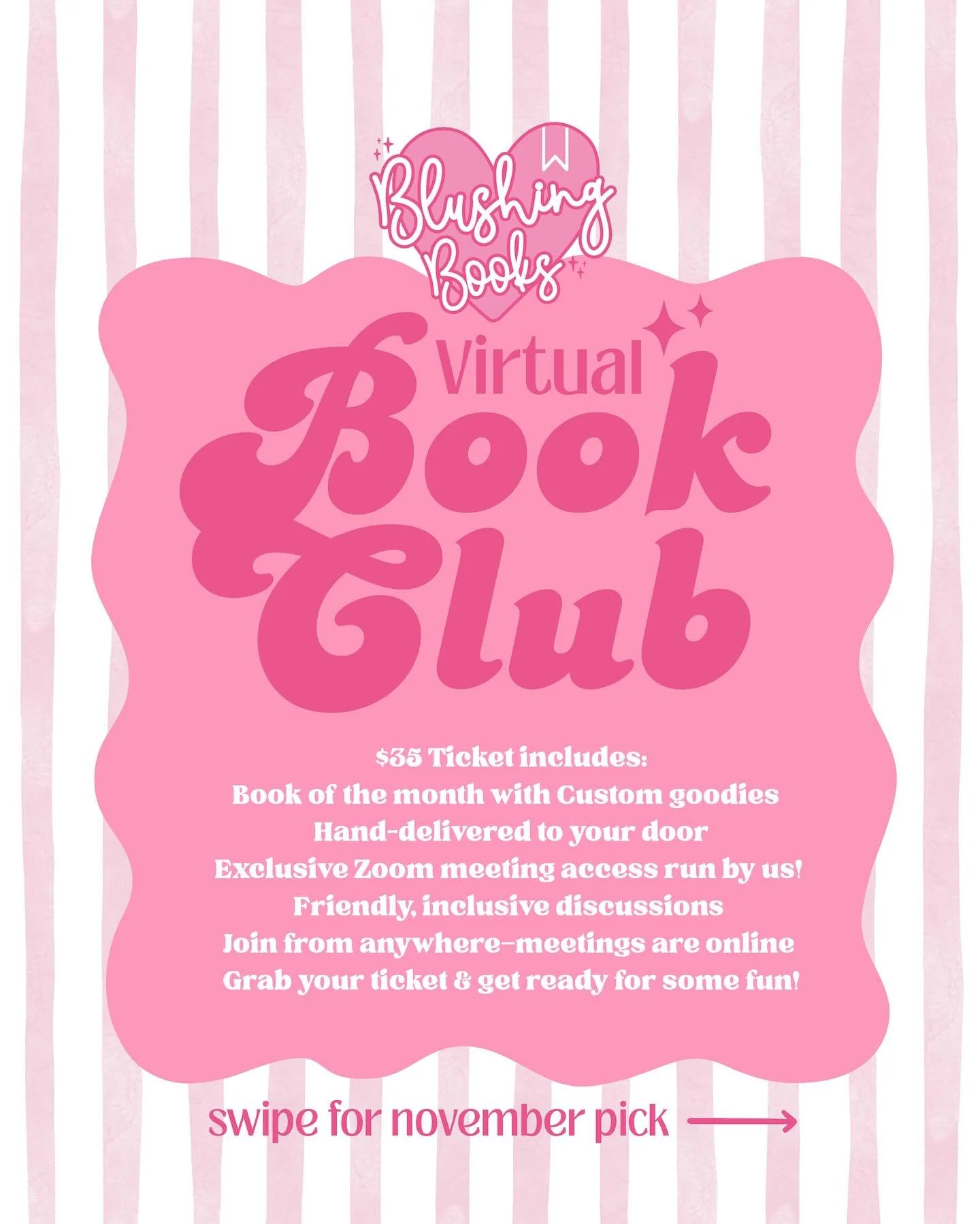 SURPRISE!!!! 💕✨

📚✨ Join Our Virtual Book Club! ✨📚

Each month, we will dive into a new romance read handpicked by Blushing Books &mdash; sometimes a hot new release, sometimes one that&rsquo;s been sitting on our TBR, and always something we can 