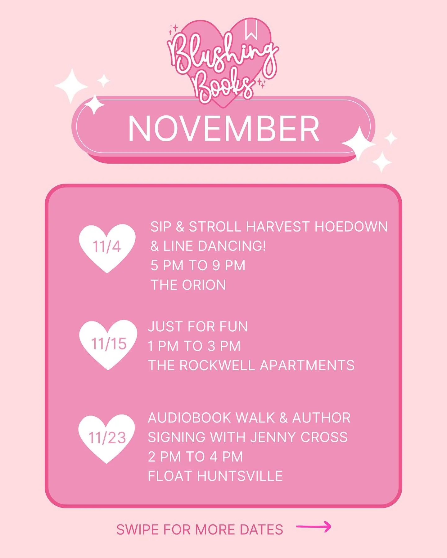 📚💕✨ November with Blushing Books! 

We&rsquo;re gearing up for the end of the year with a month full of fun, community, and bookish events you won&rsquo;t want to miss! From a comedy show and an author signing to cozy markets and our Brimstone Rele