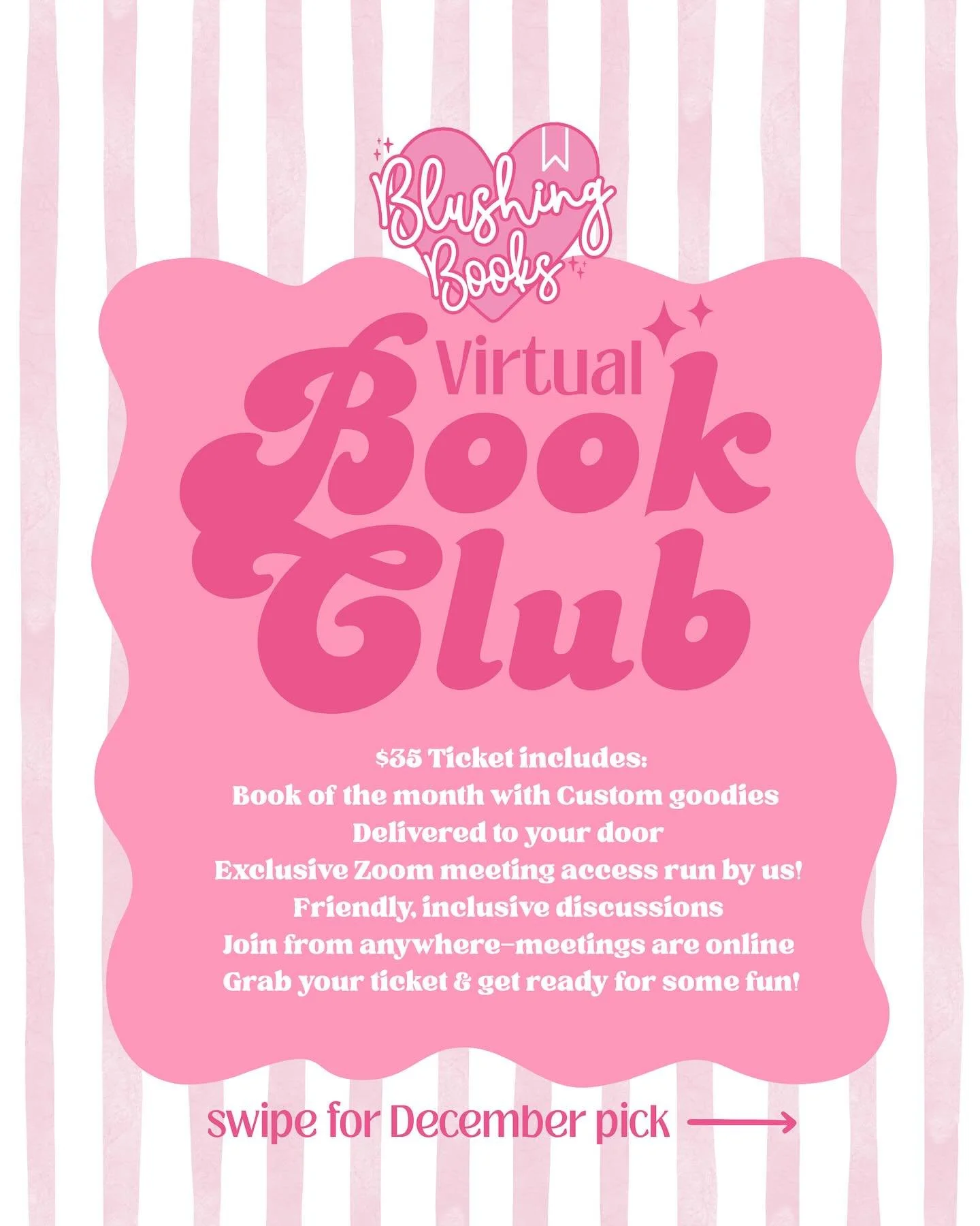 DECEMBER PICK IS HERE! ✨💕

📚 Join us for our monthly virtual romance book club from the comfort of home

🎟️ Your $35 ticket includes:
💌 Book of the Month + custom goodies
📦 Delivered to your door by Dec 1
💻 Zoom meeting with us on December 28th