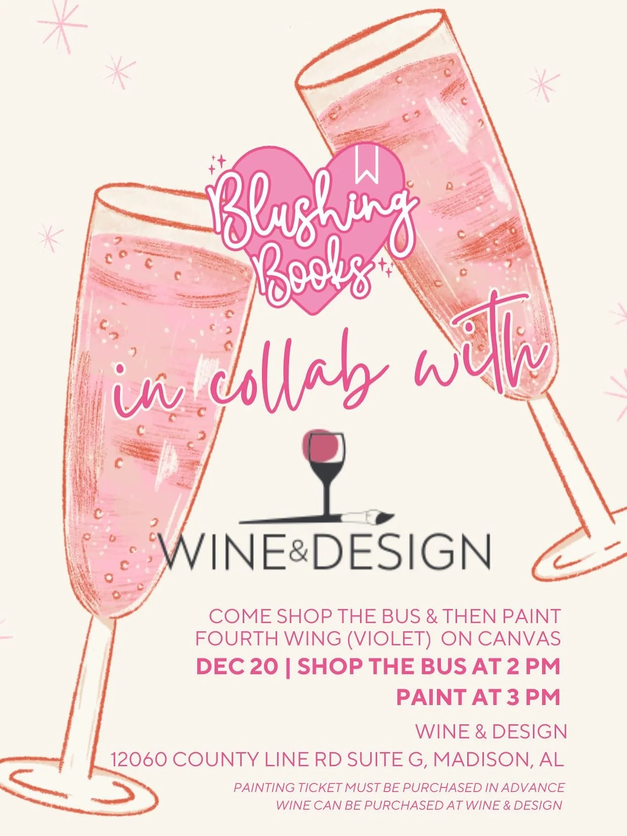 ✨🍷 Blushing Books x Wine &amp; Design! 🎨💖

We&rsquo;re teaming up again for the coziest, bookish, and bubbly afternoon &mdash; and you&rsquo;re invited!

Join us on December 20th to shop the Blushing Books bus and then paint Violet from Fourth Win