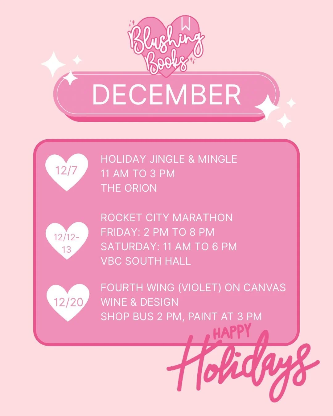DECEMBER WITH BLUSHING BOOKS ❄️✨💕

We&rsquo;re wrapping up the year with some magical events, and we can&rsquo;t wait to spend the holiday season with you! 💕📚🎁

🎄 12/7 &ndash; Holiday Jingle &amp; Mingle
11 AM&ndash;3 PM @ The Orion
Kick off the