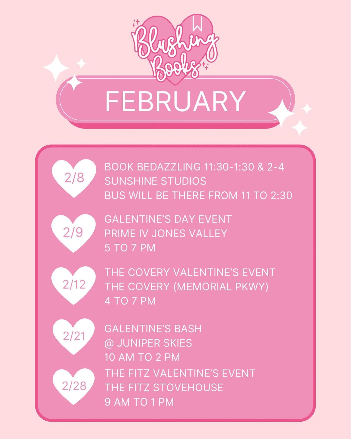 💖 FEBRUARY WITH BLUSHING BOOKS 💖

Love is in the air&hellip; and so are the books! ✨
Here&rsquo;s where you can find our pink little book bus this month:

📖 2/8 &mdash; Book Bedazzling at Sunshine Studios (TICKETS SOLD OUT, but come and shop both 