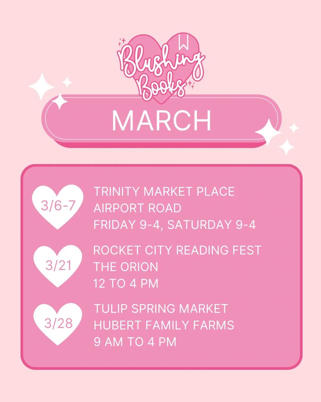 March is BOOKED &amp; busy for Blushing Books 💖📚✨

We are so excited to be out in the community all month long with pop-ups, festivals, spring markets, and alllll the romance reader vibes. There is nothing we love more than meeting you in person, h