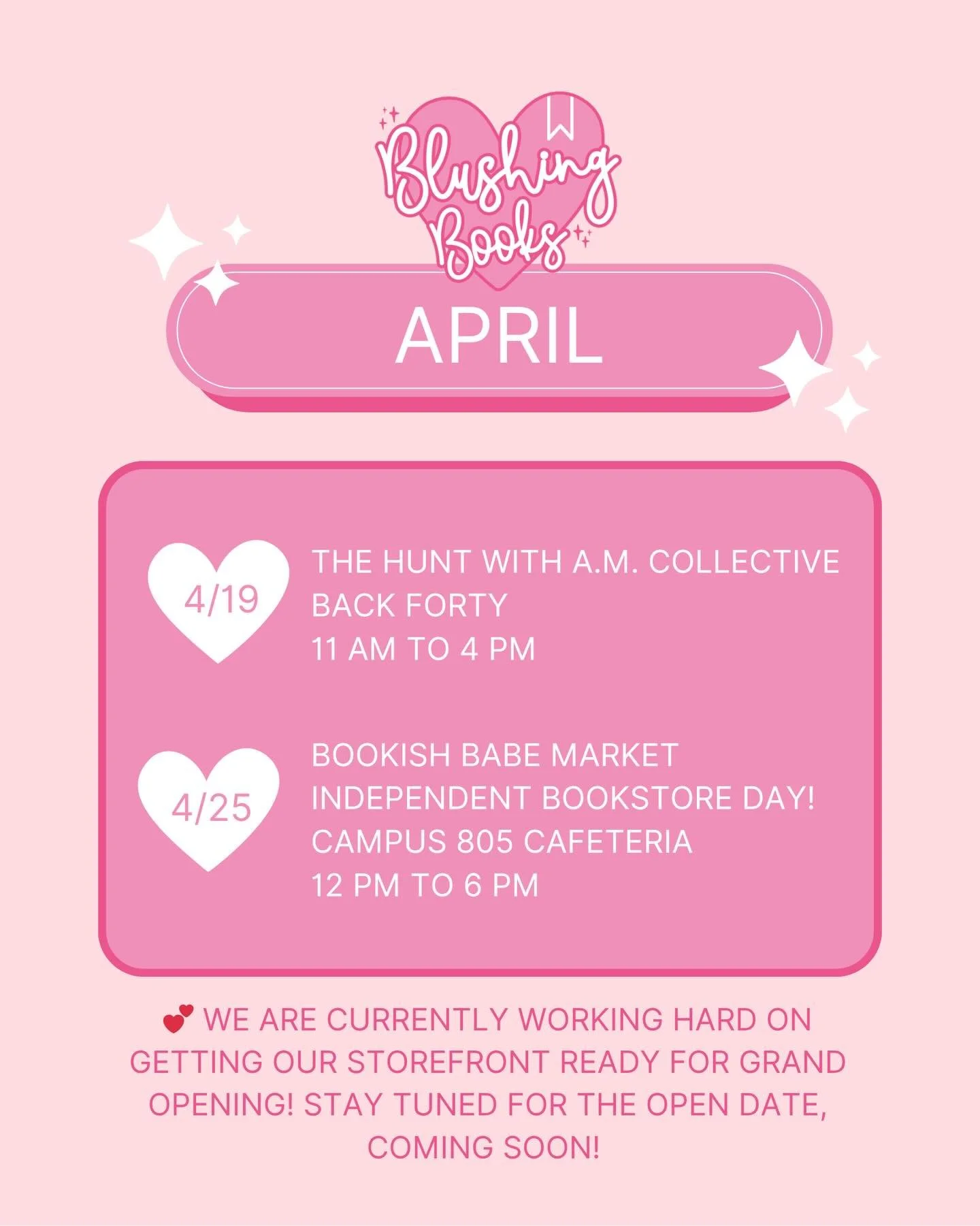 April is giving ✨ girlie market vibes ✨ and we are SO excited to be out in the community again!! 💖📚🚌

Catch the Blushing Books bus at these events:
💘 4/19 &mdash; The Hunt with @amcollective.huntsville 
📍 Back Forty
⏰ 11 AM &ndash; 4 PM

💘 4/25