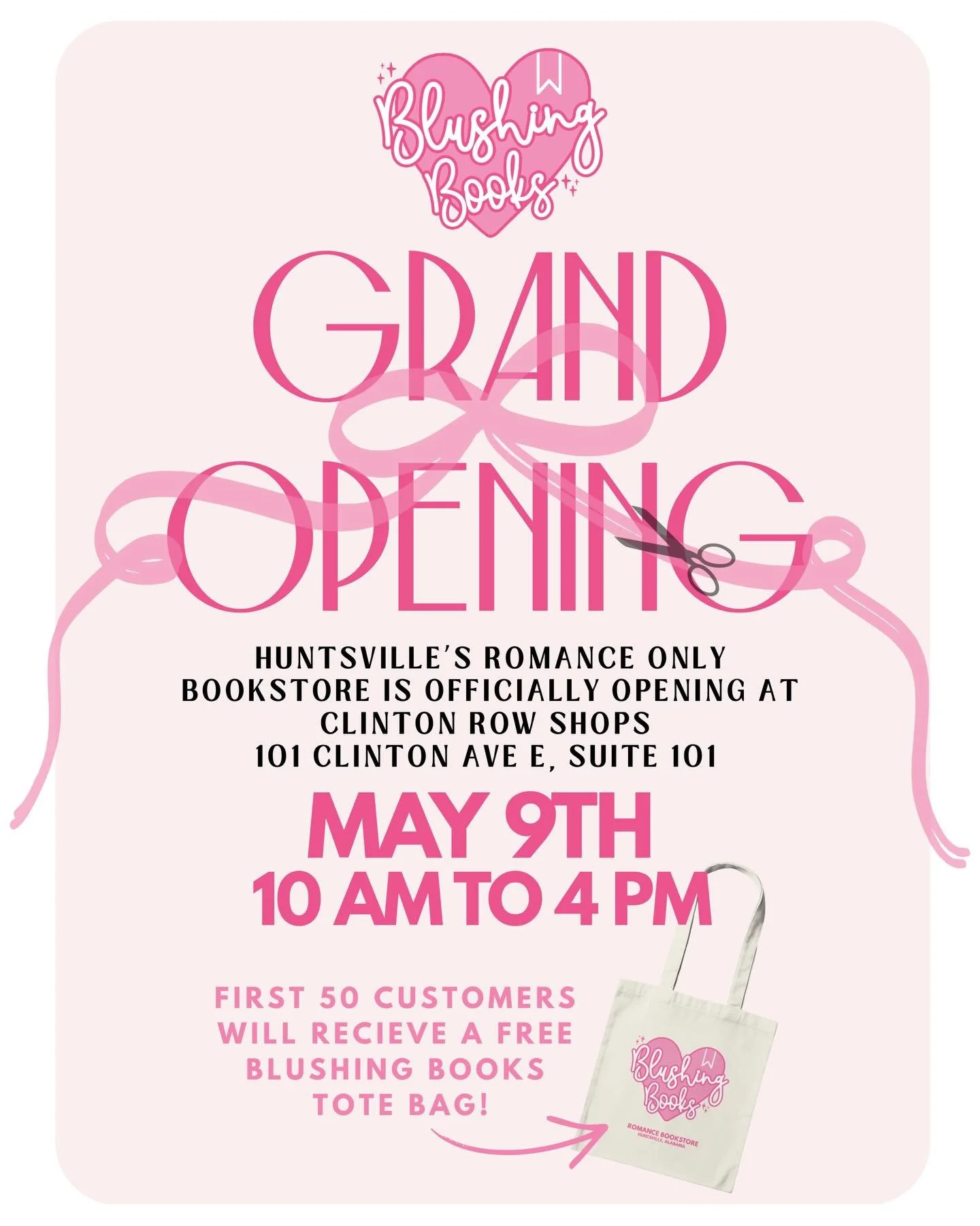 💖✨ IT&rsquo;S HAPPENING ✨💖
Blushing Books is officially opening its doors and we are SO ready to celebrate with you!!

📍 Clinton Row Shops
📅 May 9th
⏰ 10 AM &ndash; 4 PM

We&rsquo;ve got the cutest grand opening planned:
🛍️ First 50 customers ge