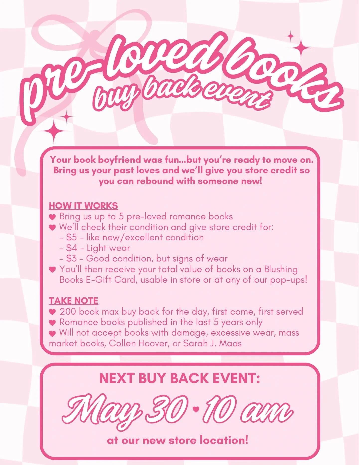 IT&rsquo;S BACK!!!!!! 💕🙌

It&rsquo;s time to let go of those past loves sitting on your shelf 👀
Join us for our Pre-Loved Book Buy Back Event and turn your old romances into something new 😍📚

Bring up to 5 gently loved romance books and we&rsquo